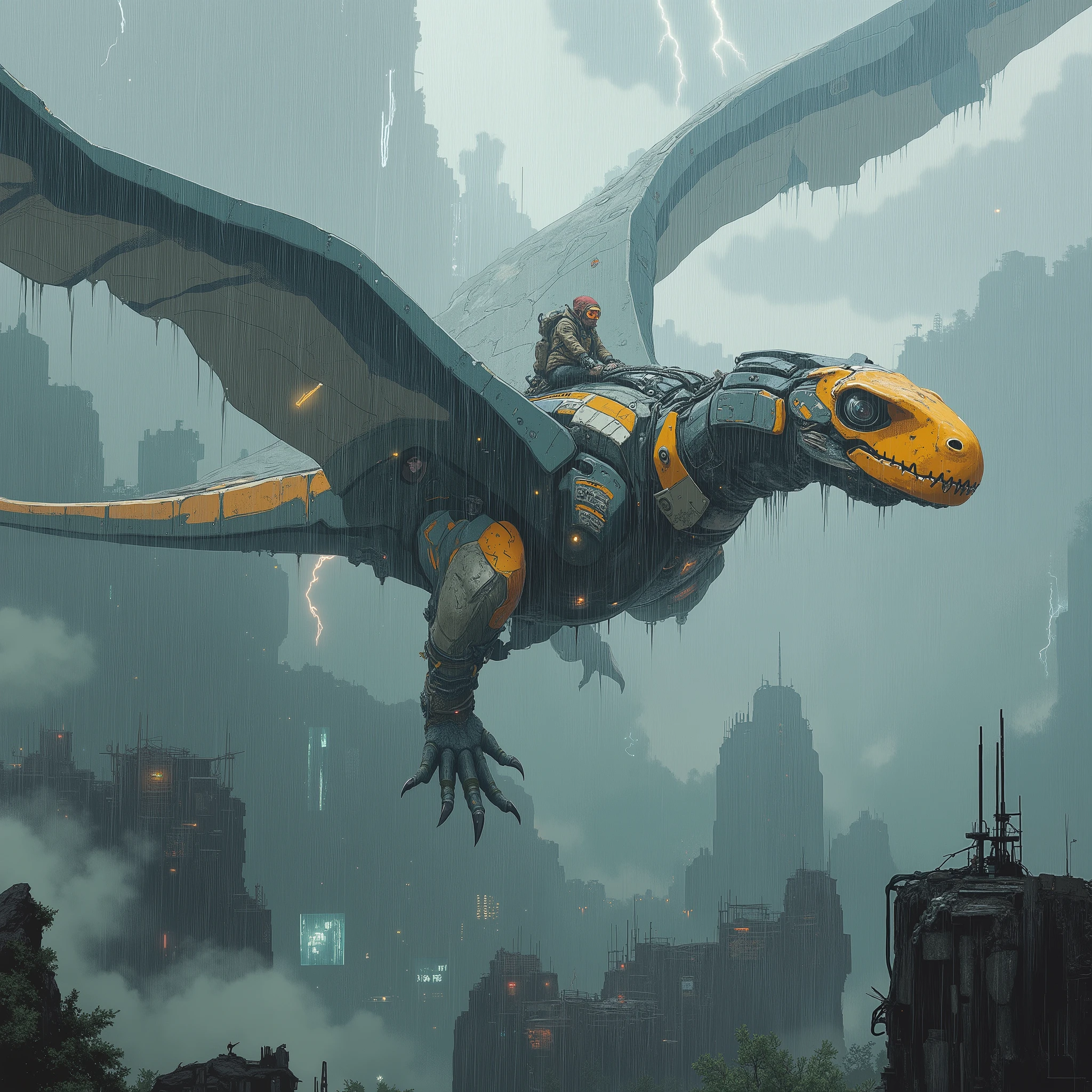 (masterpiece), (best quality), (highly detailed), (concept art style), (illustration),
A cinematic sci-fi illustration depicting a part-cybernetic Pteranodon — its wings reinforced with metallic plating and faintly glowing conduits, parts of its body fused with advanced cybernetic components.
The creature soars through a vast rainstorm above a desolate futuristic city, viewed from an oblique aerial perspective (diagonal high-angle view:1.3), (extreme wide shot:1.5), (distant view:1.3), emphasizing immense scale and atmospheric depth.
The city lies far below, its decayed structures partially submerged and overgrown, barely visible through the thick rain and mist.
Heavy rain pours across the entire scene, with sheets of water and drifting fog softening the skyline, creating a melancholic and cinematic tone.
Far in the distance, faint lightning flickers across the clouds — quiet atmospheric discharges that illuminate the sky for only a brief moment, subtle and unobtrusive.
Riding atop the cybernetic Pteranodon is a lone young man in traveler’s clothing and protective goggles, appearing small and isolated against the stormy expanse.
The composition conveys solitude, motion, and the vast power of nature, with soft motion blur, rain streaks, and layered mist enhancing the sense of scale and desolation.