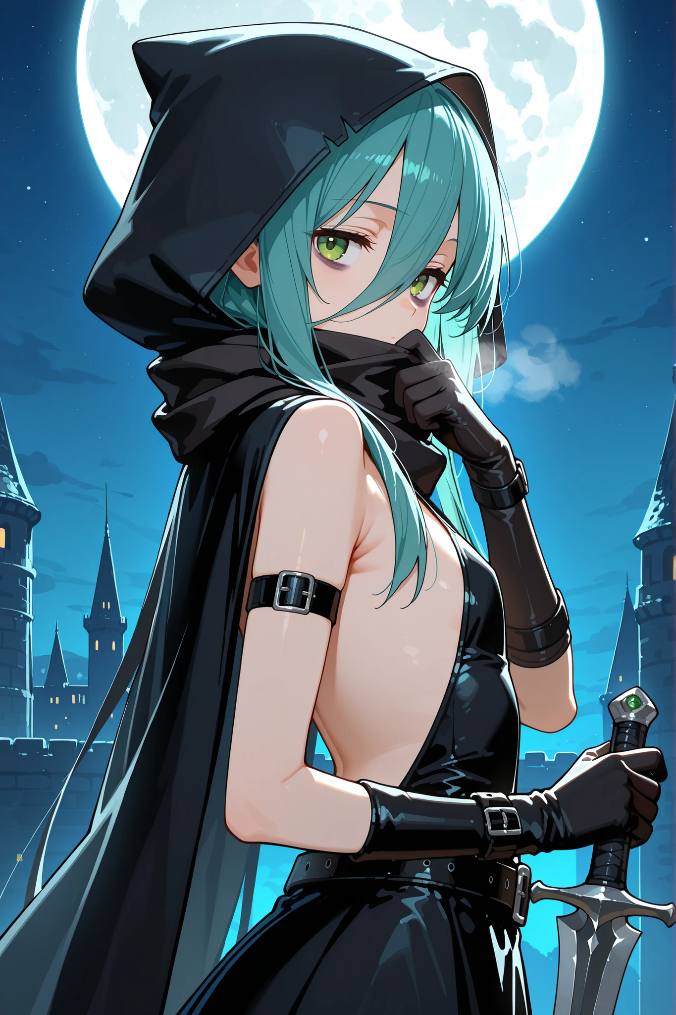 1girl, solo, character focus, close to viewer, from side, night time, ((full_moon)), night sky, [castle], assassin, black cape, wearing a hood, black scarf, A scarf covering the mouth, Grab the scarf with one hand and cover your mouth, black leather gloves, ((black belt)), ((black arm belt)), black backless dress, Hold a dagger, Holding the dagger in reverse, aqua hair, long hair, green eyes, tareme, bags under eyes, long bangs, flat chest, expressionless, soft lighting, high detail, anime style, {animated painting}, {{{{{five hand fingers}}}}}, {{{{{4fingers and 1thumbs}}}}}, {{{high resolution}}}, {{{best quality}}}, {{ultra-detailed}}, {illustration}, {{an extremely delicate and beautiful}},