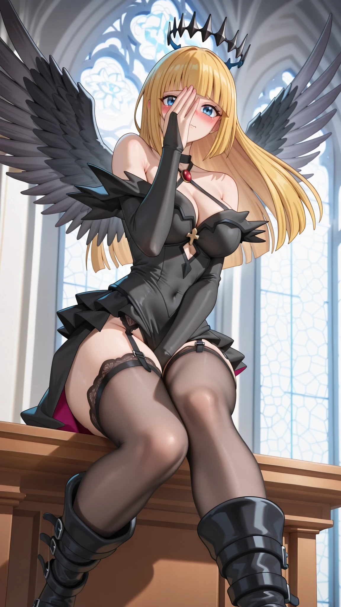 Darck magician girl 748cmstyle,an angelic girl,angel wings glowing softly behind her, Feathers flying in the air,elegant,Black-based color scheme,fallen heaven,black feather, blond Hair,blue eyes,((long blunt end hair)),hime cut,large breasts,high quality,high resolution,masterpiece,high quality,very beautiful, shining dark halo an over head,
dark elegant leotard,wavy mouth, (nose blush, covering face,skirt squeeze thighs)cross accessories,platform boots, Sitting, dynamic pose, cute pose, looking at camera, candid, overcast lighting, soft shadows,cowboy shot,sharp focus on face,from below, black lace details,black garter belt, visible garter belt straps, lacy garter belt, gothic garter,Cleavage,side slit, back ground night beautiful church interior with stunning stained glass windows. creating a mesmerizing Tyndall phenomenon.