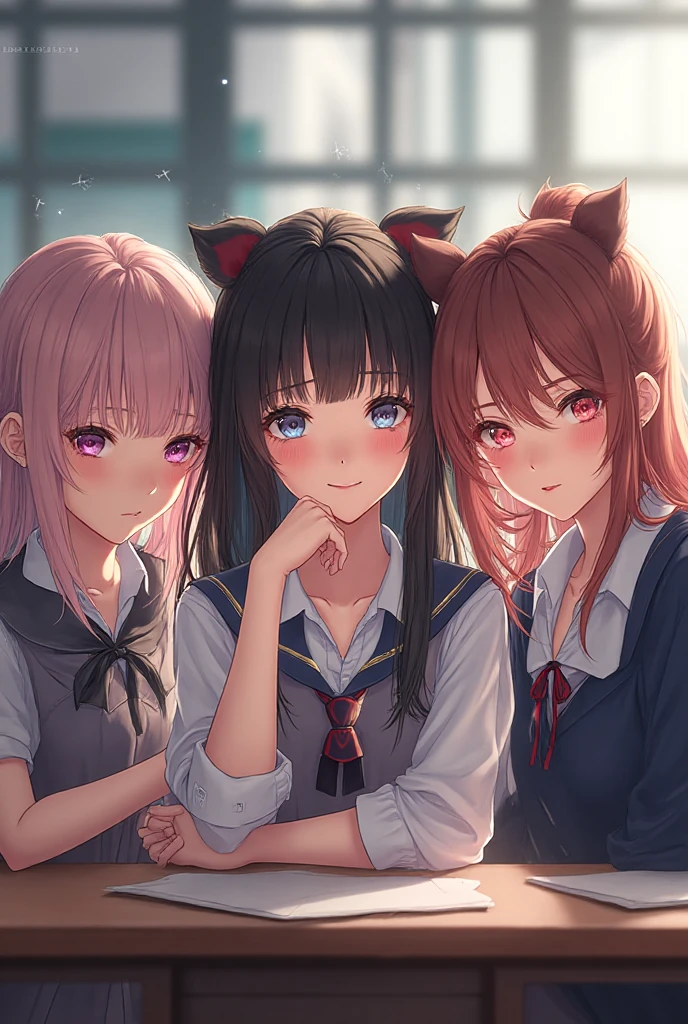 Brown hair 、green skirt、light blue cardigan、Semi-long hair、blue headphones、black pantyhose、brown loafers、red blush