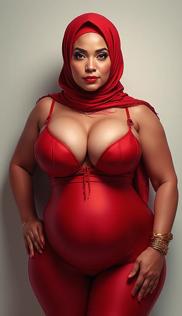 close-up portrait of a beautiful chubby curve body woman in hijab walking at busy street in the morning, wearing red ?????? top and ?????? bottom, ((heavy big ??????)), showing large cleavage, reeds, (backlight), realistic, masterpiece, soft smile, high quality, lens reflection, shadow, flower, [[chromatic aberration]], by Jeremy Lipking, by Antonio J. Manzanedo, digital painting,