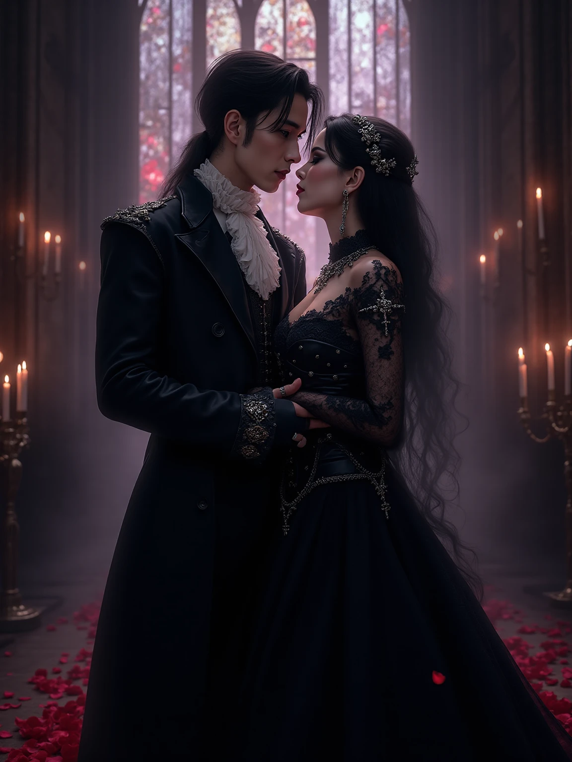 A ???? vampire who tries to bite a demon while hugging him, the scene takes place in a gothic garden