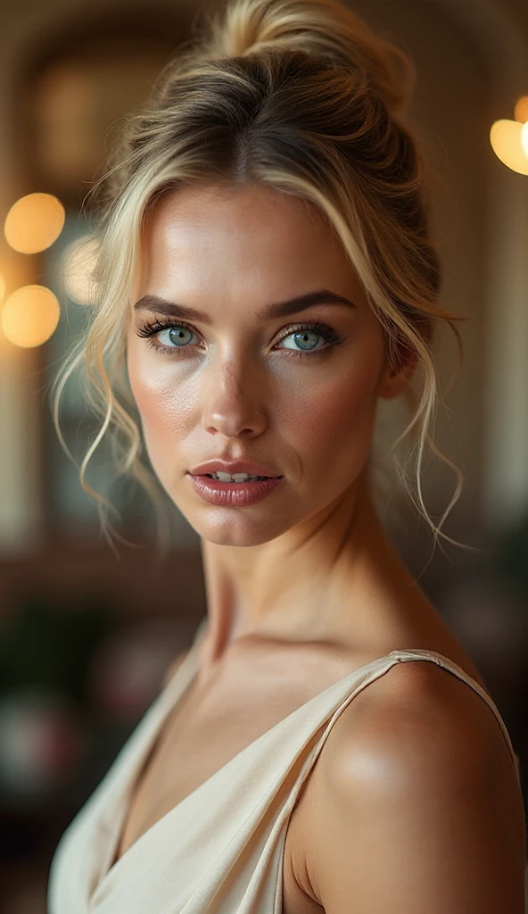 Cover photo of a 25-year-old European woman, Pointing at the camera, cheveux blonds, serious, (Amazing Skin Details: 1.4), (peau naturelle: 1.2), (Pores: 0.6), Maquillage, (detailled eyes: 1.2), fond vert, studio, Lighter edge, (Bokeh: 1.2), Photographie, cinematic, Fotorealistisch, ultrarealistic, fille en forme, Robe moulante, Silhouette parfaite