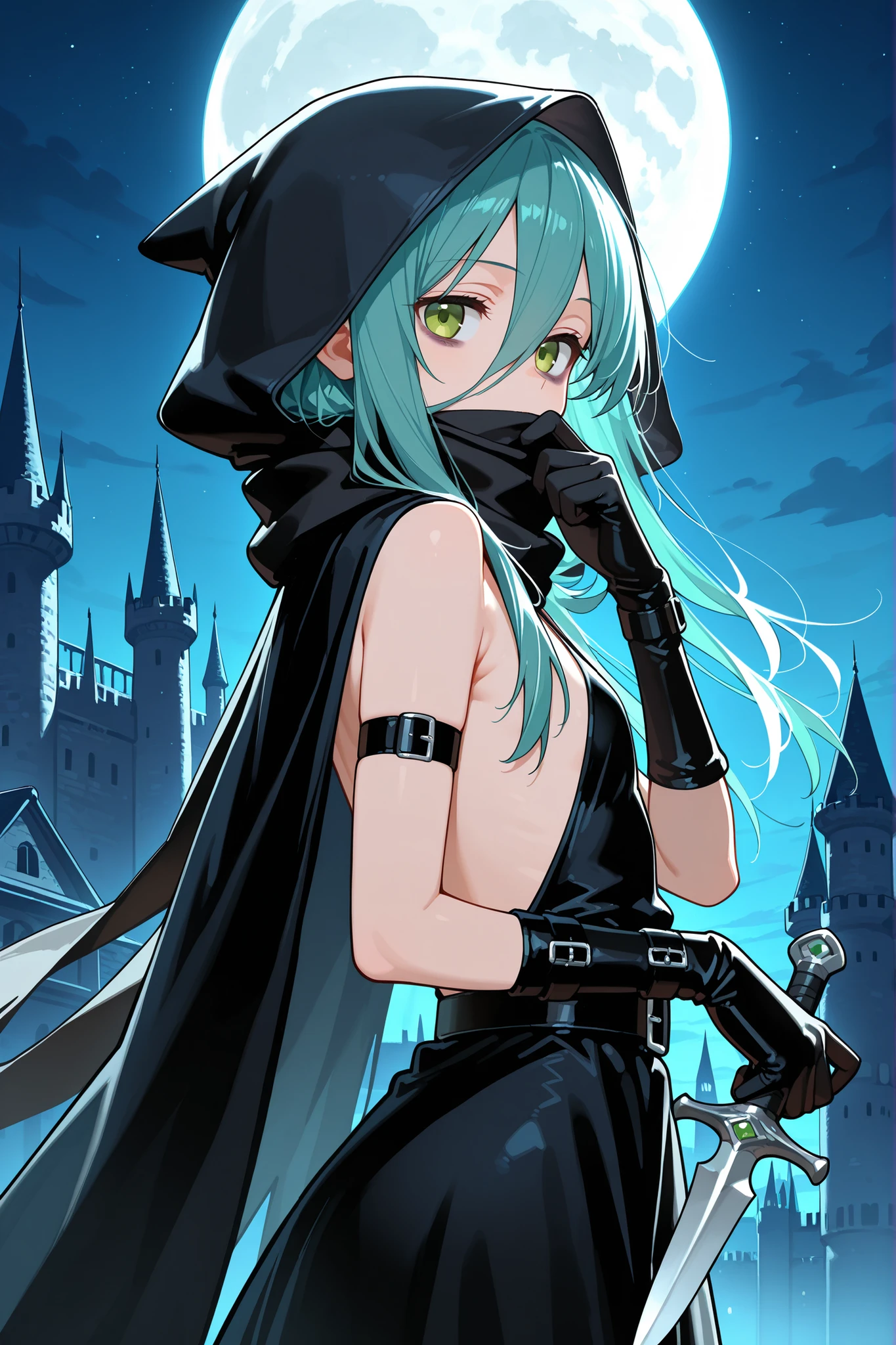 1girl, solo, character focus, close to viewer, from side, night time, (full_moon), night sky, castle, assassin, black cape, wearing a hood, black scarf, A scarf covering the mouth, Grab the scarf with one hand and cover your mouth, black leather gloves, ((black belt)), ((black arm belt)), black backless dress, Hold a dagger, Holding the dagger in reverse, aqua hair, long hair, green eyes, tareme, bags under eyes, long bangs, flat chest, expressionless, soft lighting, high detail, anime style, {animated painting}, {{{{{five hand fingers}}}}}, {{{{{4fingers and 1thumbs}}}}}, {{{high resolution}}}, {{{best quality}}}, {{ultra-detailed}}, {illustration}, {{an extremely delicate and beautiful}},