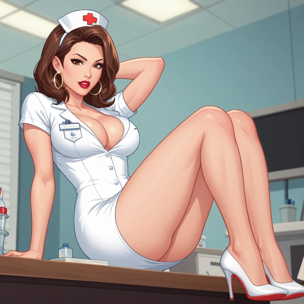 score_9_up, score_8_up, score_7_up, 1girl, solo, source_anime, hourglass figure, Big breasts, kemonomimi, bear ears, brown hair, short hair, messy_hair, blue eyes BREAK freckles, (nurse), pink dress, nurse cap, sitting on chair, indoors, looking at viewer, lipstick, smile, closed mouth,, pink thighhighs, red heels, high heels 
