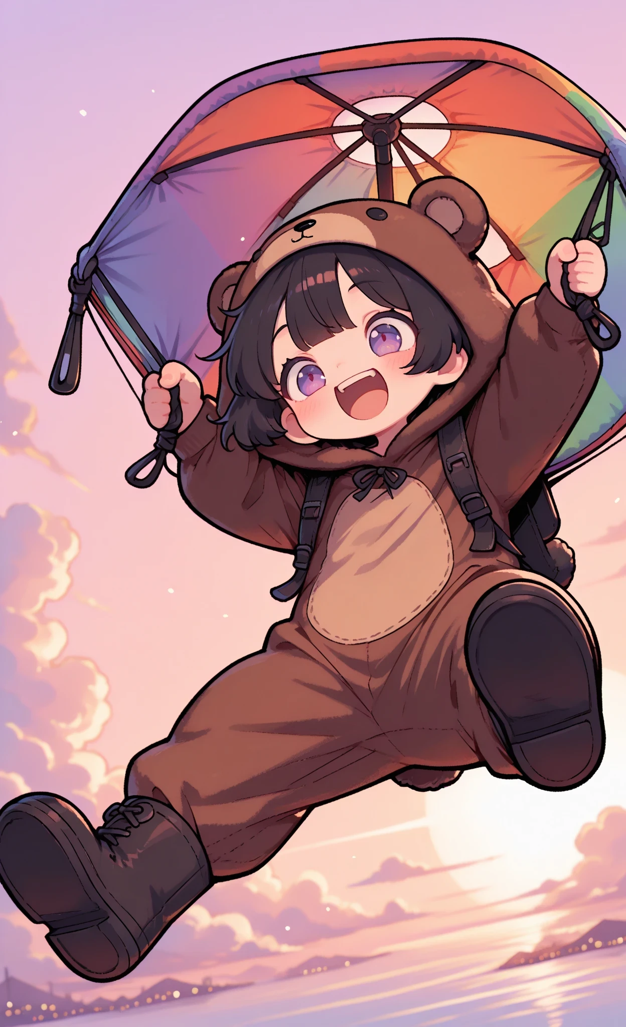 cartoon style, expressive characters, pop colors, dynamic pose, masterpiece, best quality, ultra-detailed:1.3, Kuma, 1boy, male, solo, short black hair, lavender eyes, wearing brown bear onesie, bear hood, black boots, Parachute Day theme, skydiving mid-air, freefall moment, vast expansive sky with fluffy clouds, colorful parachutes and umbrellas floating around, wind blowing through hair and onesie, joyful expression, big happy smile, laughing with pure happiness, holding onto parachute straps, falling among rainbow-colored umbrellas, stuffed teddy bears riding on umbrellas, bright sunlight, sense of freedom and adventure, moment between jump and landing, cinematic sky perspective, whimsical atmosphere