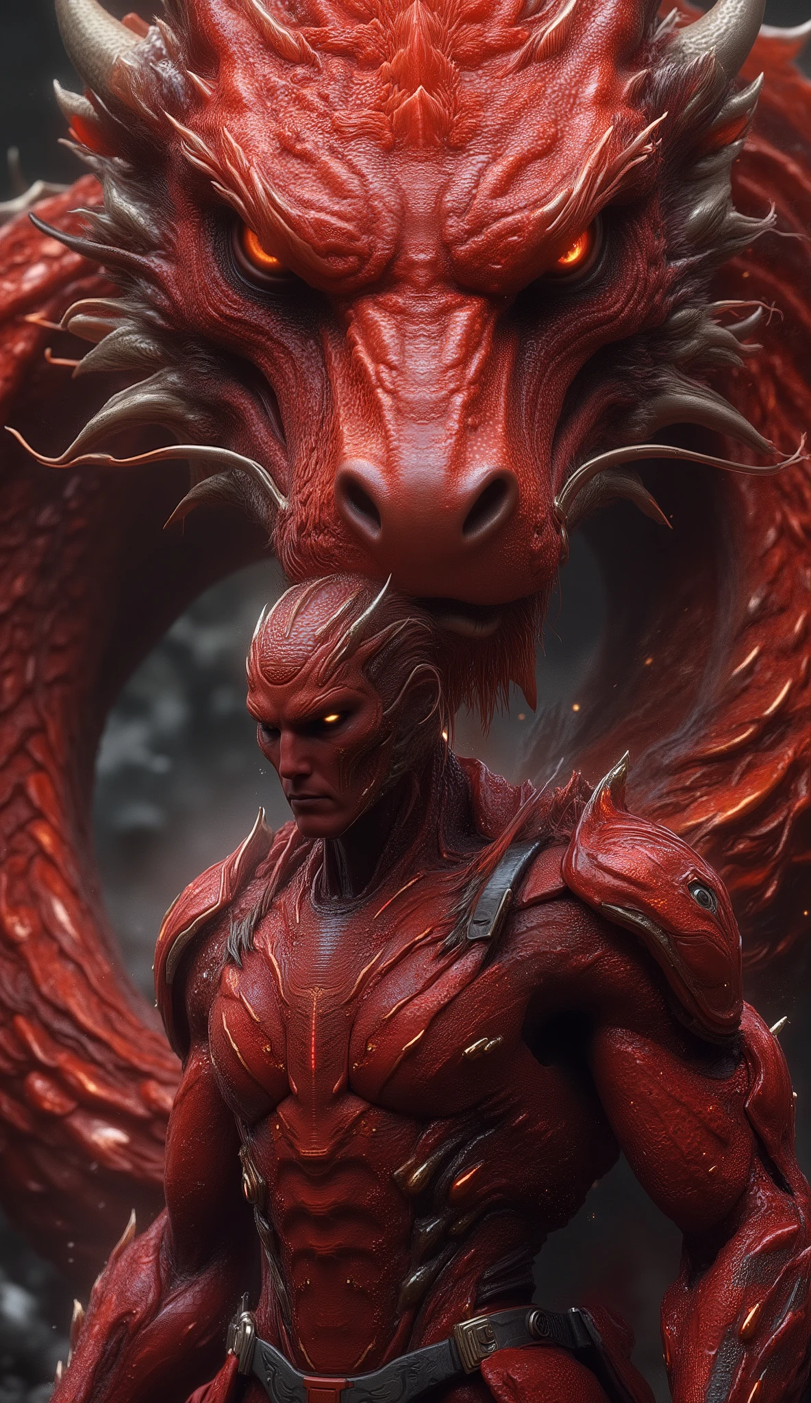 Epic cinematic fantasy scene, ultra-detailed 128K HDR. A red-armored nanotech warrior crouches beside a colossal red serpent. The warrior's suit is made of overlapping crimson scales, glowing with gold nano-circuits, matching the serpent’s massive ruby scales. His mask reveals only intense eyes, and two katanas with red-and-gold handles rest on his back. The giant serpent looms behind him, its huge golden slit pupils fixed forward, its head filling the background. Shared textures between warrior and beast create a symbiotic visual harmony. Dramatic lighting, ground-level angle, swirling dust, tension in the air. Hyper-realistic detailing: reflections on scales, micro-scratches on armor, subtle fog, cinematic depth of field, dark mystical forest ambiance. Inspired by ninja-dragon aesthetic, powerful and intimidating.