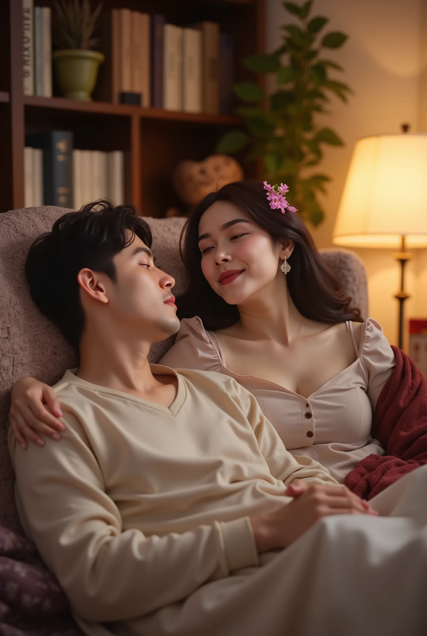 :
"A peaceful scene of a man resting his head on a woman's lap. The woman sits gracefully on a cozy couch, gently running her fingers through his hair with a serene and caring expression. The man has his eyes closed, appearing relaxed and comforted., and the setting is softly lit with warm, ambient lighting. The background features a calm, homely atmosphere with books, a warm blanket, or a softly glowing lamp, enhancing the sense of tranquility and affection."