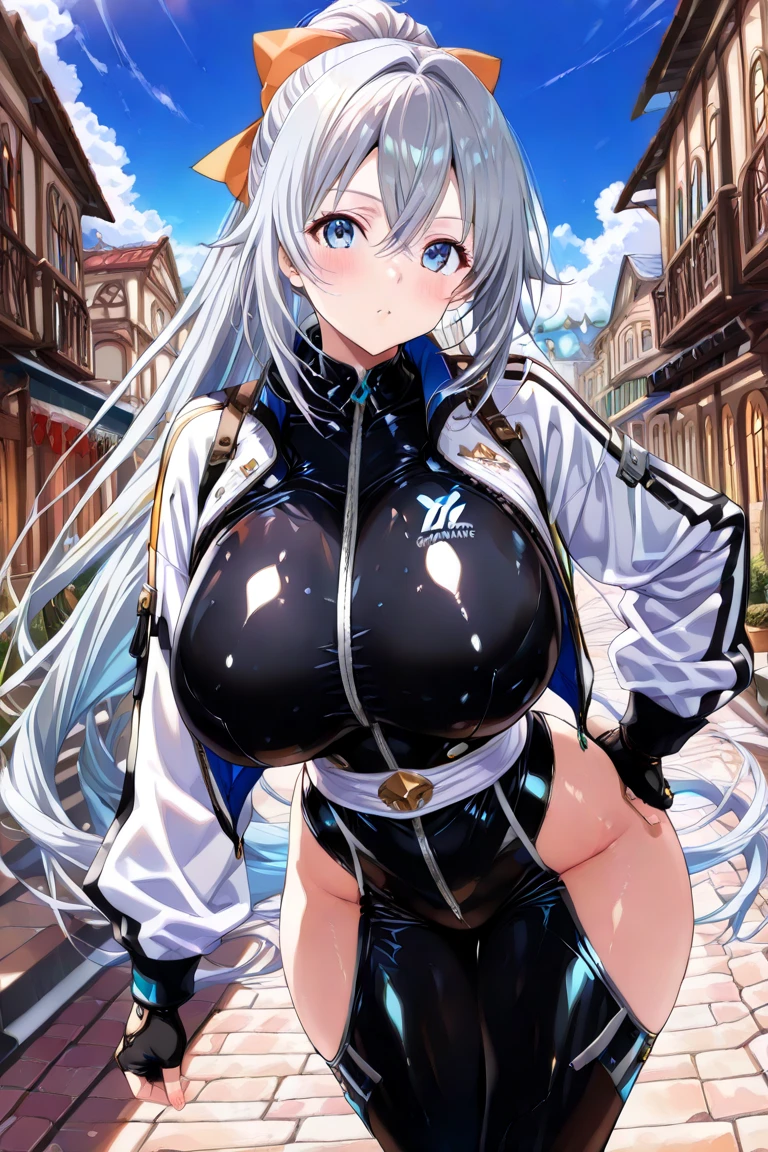 Bronya  without any clothes on, small breasts and beautiful , accentuated curves, hand on  in the middle of the urban city, beautiful  