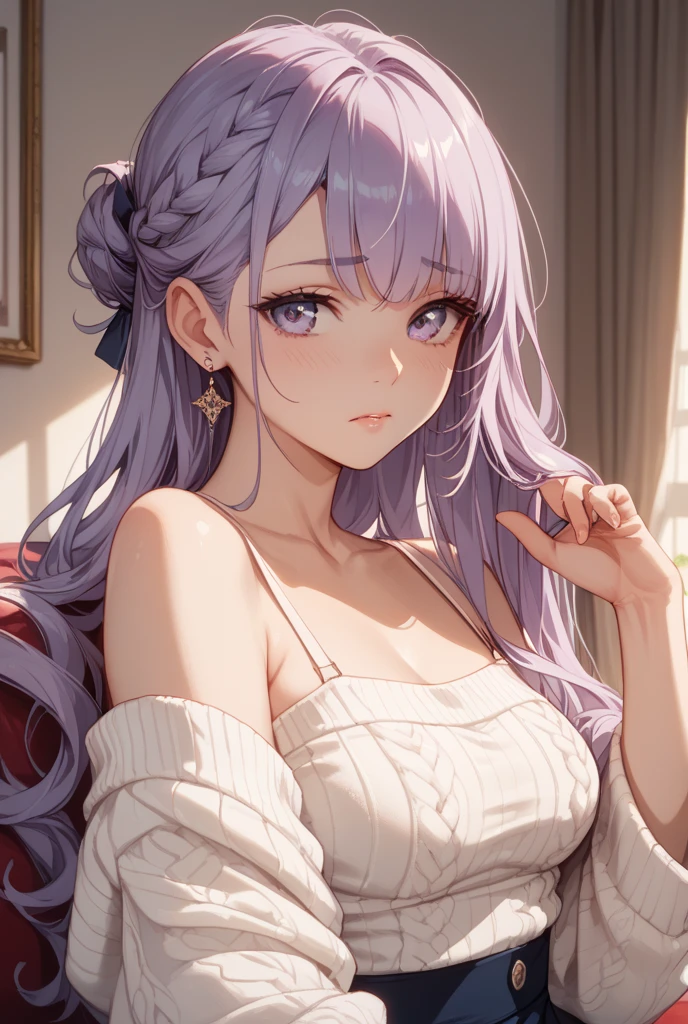 (Cute a girl:1.5), (masterpiece:1.3), anime visual, (s a girl,pale purple hair,wavy two braids,blunt bangs hair,green and black eyes,(a girl is wearing 
A white off-the-shoulder T-shirt and a pink high-leg leotard:1.3 ), (Lovey-dovey:1.5), (tilt head:1.3), extremely delicate face, realistic lighting and shading, (an extremely delicate and beautiful art:1.3), elegant, ,(one girl with closs hair pin,pale purple hair,wavy two braids,blunt bangs hair,green and black eyes.pink lips:1.4), small breast,slim,a girl closed her eyes and opens her mouth and smiles happily,Slender,morning lit,