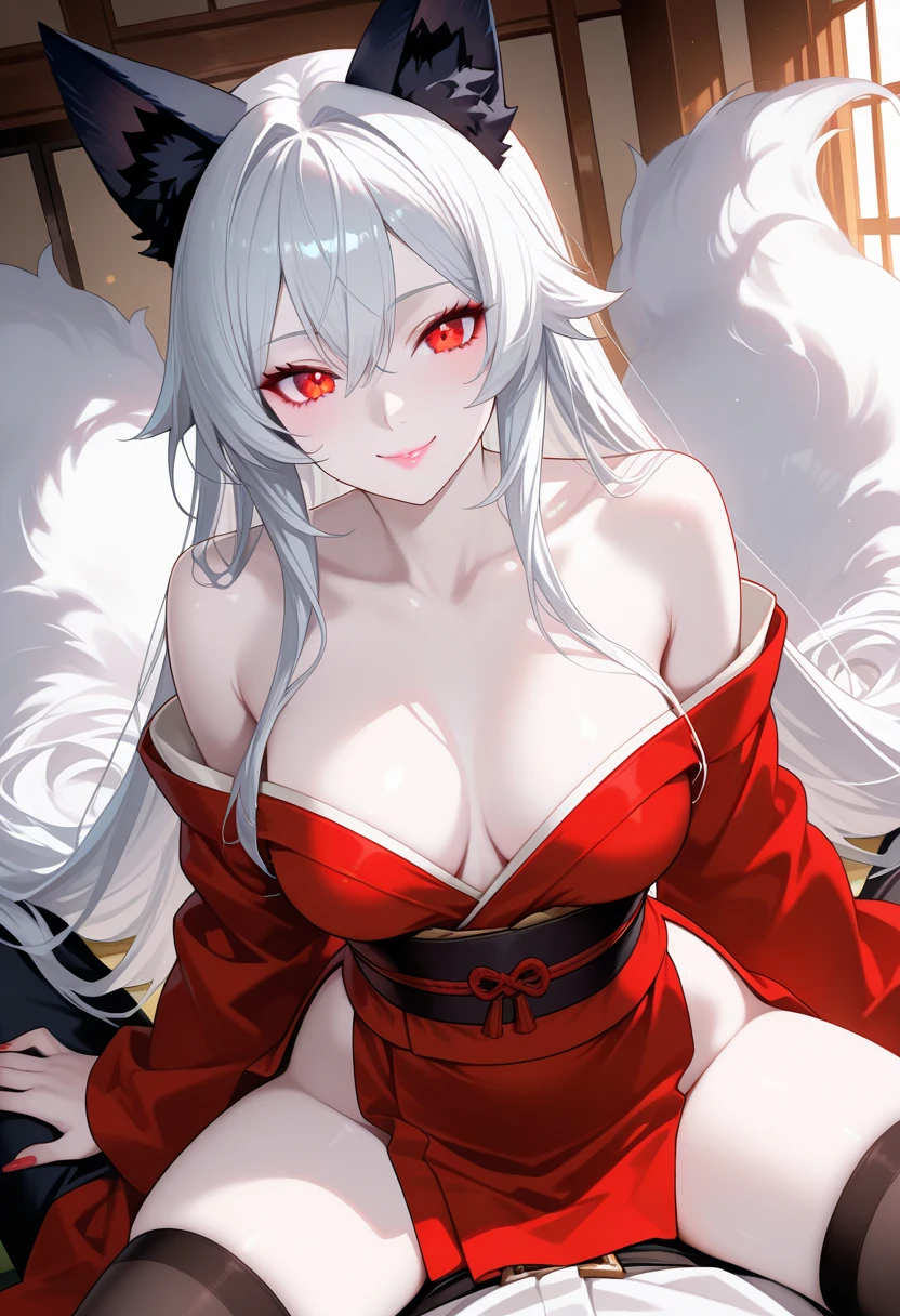 best qualimasterpiece, best quality, highres, detailed, 1girl, solo, very long hair, cleavage, smirk, black bra, underwear, fang, large breasts, yellow eyes, white hair, cat ears, cat girl, slit pupils, alternate breast size, paw pose,portrait,night, dim lighting, ponytail over shoulder