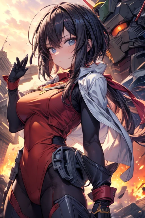 最high quality、best image quality、masterpiece、girl((20-year-old、 By becoming、vest bust、medium bust,wide open  tea、shining eyes, water hair、long hair、thin,highest valley、red sports bra、Red sports pants,Ruby Earrings、Wristband、black gloves、seductive pose)),high quality、beautiful art、background((inflammation、volcano、magma、eruption、meteorite))、Flight、debris flies、Depth of written boundary、movie、visual art、perfect art、8K,genuine、underwater art、anime style