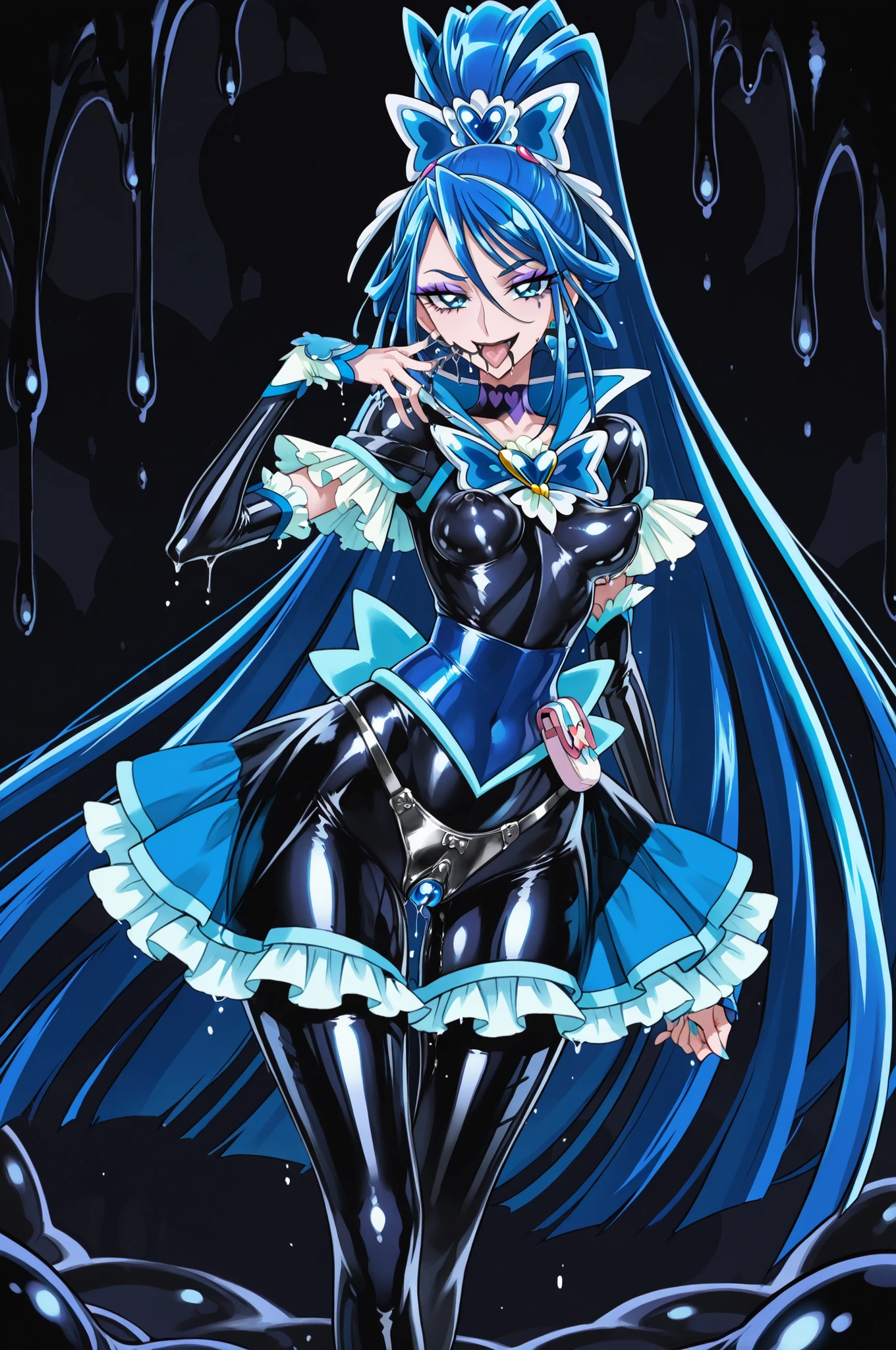 Cure Aqua. Blue hair. Villain eyeshadow. Purple eyeshadow. Sarcastic smile. Open mouth. Out tongue. Black lips. Glossy skin. Black latex costume. Latex bodysuit. Blue frills. Collar with heart crystal. Dripping chastity belt. Metal panties. Perky breasts. Slender body. Large waist. Thick thighs. Detailed thighs. Asymmetrical posing legs. Licking fingers. Black slime background. Dripping slime.