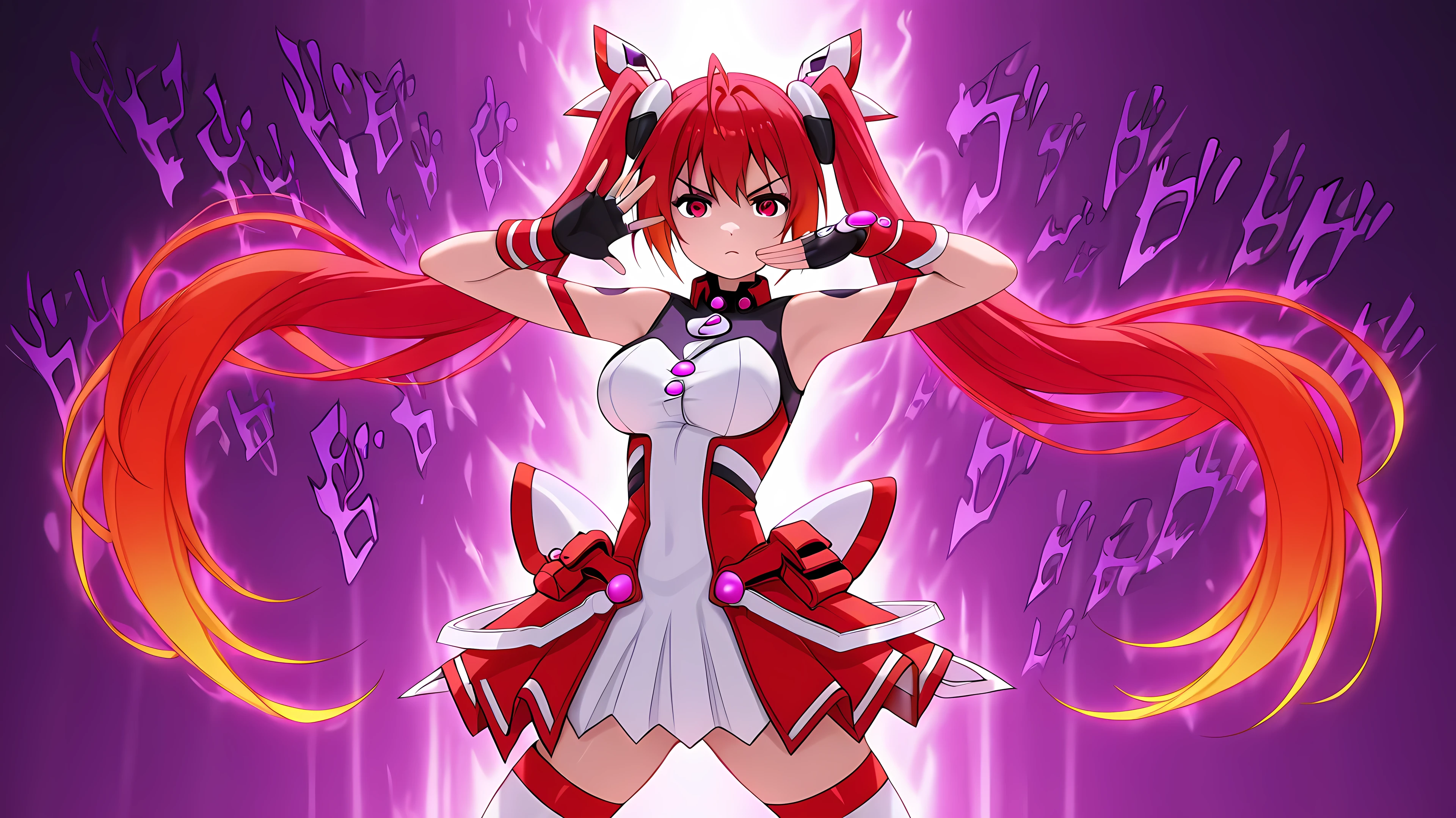 j0suk3, jojo pose, pose, hand up, ,anime, t-red, 1girl, red eyes, red hair, twintails, very long hair, ahoge, gradient hair, multicolored hair, large breasts, menacing, aura, fantastic background,