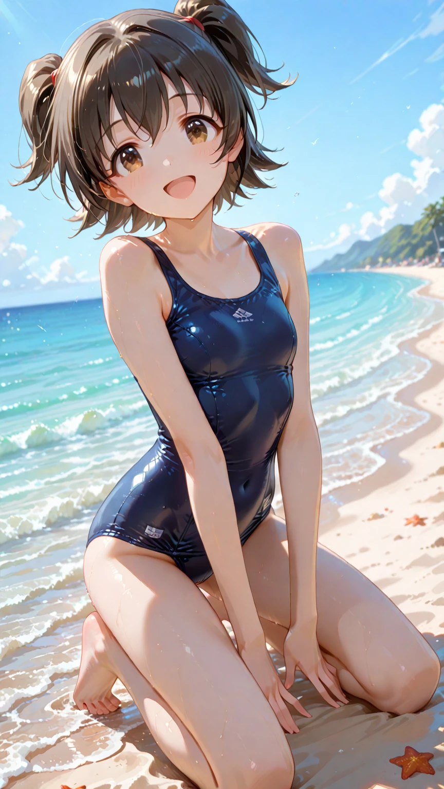 absurderes、detailed hair、Flat Lighting、sexy pose、best quality、intricate detailed、Hyperrealistic、perspective, highly detailed, detailed background, illustration、18 years old、1 girl、((old school swimsuit)), body shape、small breasts、smile、short stature、very shrot hair、beach、sitting

