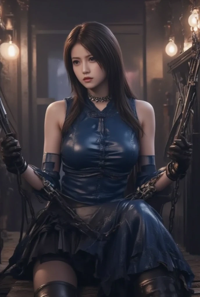 Arafed woman in a blue dress and chain around her neck, hands tied above the head to a pole, A navy blue leather outfit, Latex dresses, trage ein Atsuko Kudo Latex-Outfit, Fantasy leather clothing, dark Blue Leather Armor, Blue Leather Armor, nico robin, Latex-Outfits, shamanistic dark blue clothing, glamorous cosplay, Dark Blue Jersey Costume, PVC Armor