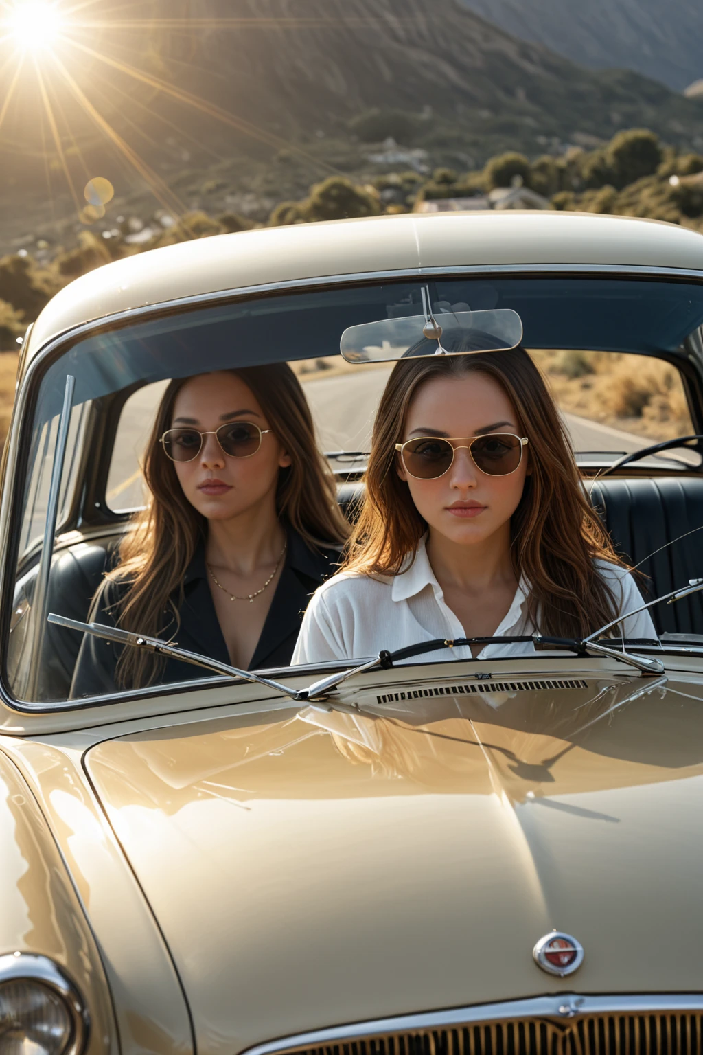 Create a highly realistic solo and beautiful solo model with the following detailed features: Gender: Female, Age: Young adult (approximately 20-25 years old), Hair: Long, wavy and reddish with a natural shine, gently cascading around the shoulders and back. . . . . . . . . . . . . , Eyes: Bright green with a captivating, slightly almond-shaped look, detailed with natural highlights, Skin: Fair complexion with a light texture, including natural freckles on the nose and cheeks, giving a youthful and vibrant appearance: Fair complexion with a light texture, including natural freckles on the nose and cheeks, giving a youthful and lively appearance, Face: with a smooth and natural contour, soft, full lips with a slight pinkish tint and a slightly delicate upturned nose, Expression : a gentle face, with a touch of mischief, which conveys warmth and approachability, solo, Clothing: in a black suit and black sunglasses sitting in her car, wearing a black suit, a black suit, a beige trench coat, a black outfit, a black suit, glasses, a black sober suit, and a beige trench coat, a black silky outfit, fashionable black clothes, a beige trench coat, a Girl in a suit, wears black clothes, Girl in a solo suit, Smooth black tight-fitting suit, wears an elegant outfit, a beige trench coat, chic haute couture, All black, Background: the model is her car, sitting in car, car, car
Pose: solo relaxed and confident posture, sitting in her car, front view, selfie, front selfie, white, white leather of the front selfie car, aesthetic, Unsplash, Neoclassicism, Complex background, Best quality, hyper detailed, Gratty Sita, 64K, Light design, solo