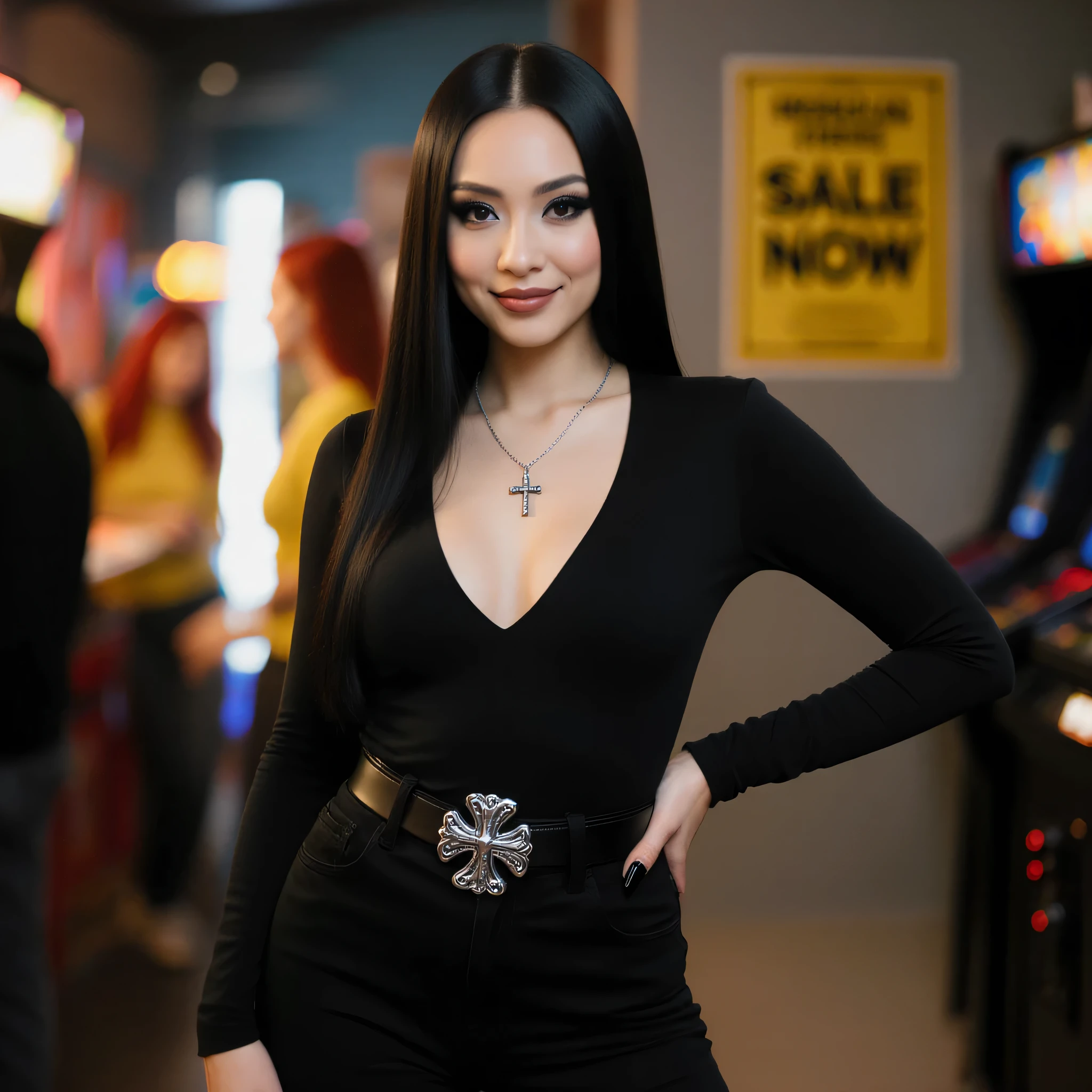 Ultra-realistic 8K editorial fashion photograph, hyper-detailed, photorealistic textures, sharp focus on subject. A slim yet voluptuous woman with an elegant hourglass figure and long, sleek black hair poses confidently, smiling subtly at the camera. She wears a fitted black long-sleeve deep V-neck top that contours her bust, a thin silver necklace with a small pendant, and a wide black belt with an ornate chrome cross buckle accentuating her narrow waist. Black high-waisted pants hug her toned hips and slender thighs. Pale luminous skin, bold makeup with dark eyeliner and glossy lips, long black nails. One hand rests gracefully on her hip in a confident, editorial stance. A soft rim light highlights the edges of her hair and shoulders, creating a subtle halo effect that separates her from the background. The background is softly blurred, showing a comic book store interior with glowing arcade machines and faint yellow posters (“SALE NOW” and another with text). A redheaded woman in a yellow top and a man in a black hoodie appear far behind, completely out of focus, enhancing depth of field and subject isolation. Warm diffused indoor lighting, softbox frontal key light, natural color grading, cinematic tone, realistic skin texture and fabric sheen. Captured with Canon EOS R5, 50mm lens, f/1.4, ISO 100. Editorial magazine aesthetic, lifelike realism. --ar 3:4 --v 6 --q 2 --stylize 50