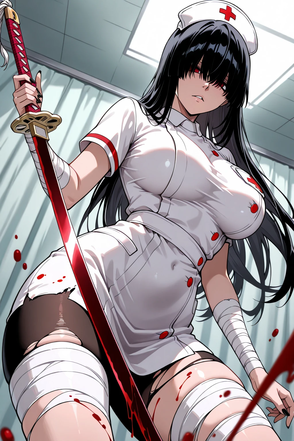 NSFW,taimanin,((Yatsu Murasaki)),Full Body、cutting body,Kneeling,(Woman covered in blood,blood is flowing from the mouth),Ripped purple bodysuit,Being stabbed in the stomach with a knife,