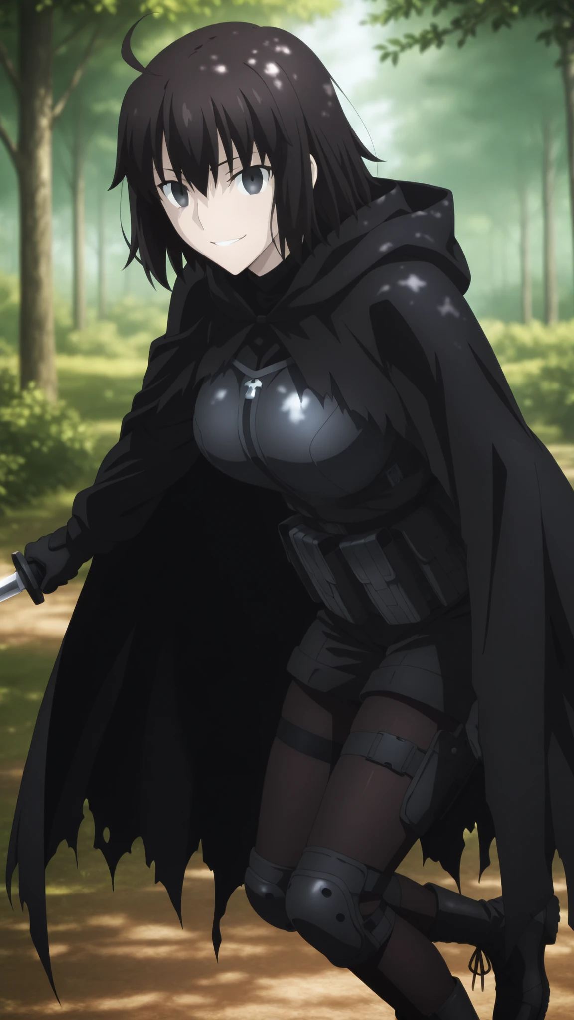 masterpiece, ultra quality, HD, 34K, amazing quality, highres, absurdres, very aesthetic, high resolution, ultra detailed, perfect details, day ,forest, ufotable style, (dappled sunlight), sidelight,
1girl, ufotable style, anime style, (anime coloring:1.5), (anime screencap:1.2),
1girl, solo, Fate Grand Order, fate, Fate Grand Order, ((large breasts)), looking at viewer, from side, 1girl, solo, black eyes, blank eyes, black hair, ahoge, smile, pale skin, hood, cloak, hooded cloak, hood down, black cloak, torn cloak, torn clothes, thigh strap, cross-laced footwear, boots, holding, holding weapon, holding knife, holding dagger, weapon, knife, dagger, tactical clothes, bulletproof vest, black shirt, long sleeves, tactical gloves, black shorts, knee pads, black pantyhose, ripped pantyhose