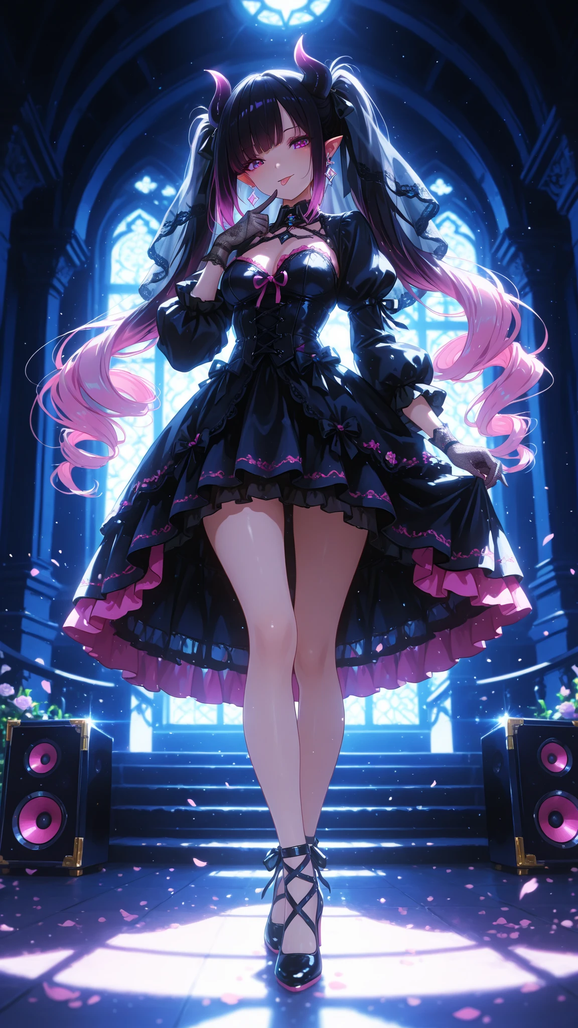 very pretty face, (Beautiful eyes), (long pink hair:1.2), (Pink and Purple Gradient Highlights:1.2), (long double diamond ponytail), Spiral Curly Hair Ponytail, ultra-fine ponytail, straight bang, Diamond Side Lock , Hair tied with a ribbon, Star Earrings, cool expression,
Succubus, Sexy Gothic Dress, black hair, gothic veil, lace gloves, Bridal Veil, puffy sleeves, 2 speakers, eyes the audience, Tongue, High Heels, dynamic poses,
gothic background, Dynamic Light, Luminescence, lighting, backlighting,
masterpiece after sex, Best Quality, Animation, Very pretty face, perfect eyes, HD, Detailed Lens , Detailed clothing, detailed background, super detailed illustration, Depth of field, Composition, intricate details, exquisite appearance, accurate finger, Beautiful attention to detail,
Stunning, charming, charming的, cinematic lighting, bright colors, This is ridiculous., dynamic angle