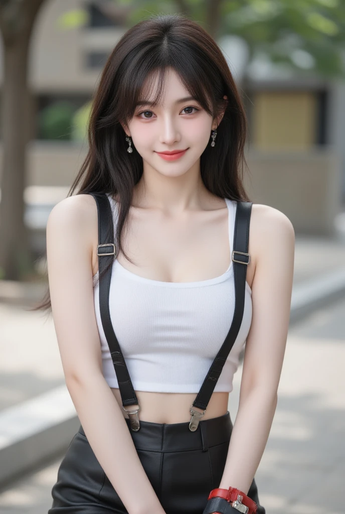 (Daytime, Excellent, 8K, Masterpiece:1.3)), Full body, Long legs, Focal length: 1.2, Perfect Body Beauty: 1.4, Slim Abs: 1.1, ((Dark Brown Hair, : 1.2 )), (White Skinny T-shirt, Denim Suspenders, Standing: 1.2), ((City, Blue Sky and White Clouds: 1.3)), Highly detailed face and skin texture, Detailed eyes, Double eyelids, Flying long hair, smile, selfie