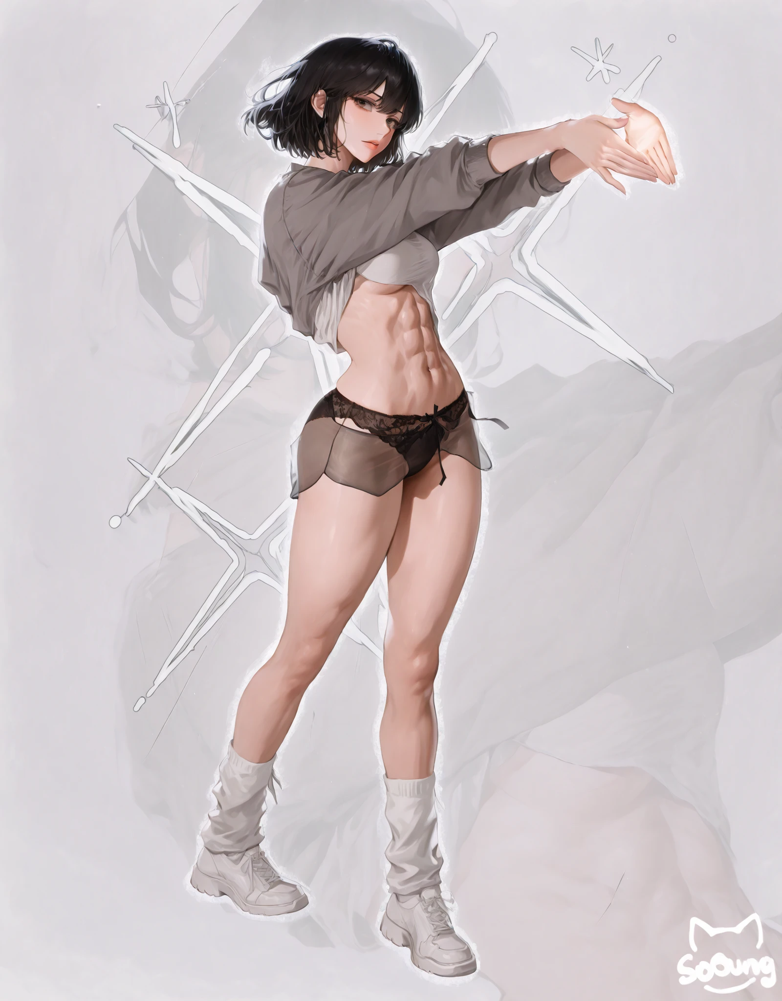 ((masterpiece)), Alone, beautiful adult woman, Han Sooyoung, office, white blouse, gray sweatshirt, bare abs, bare legs, black panties, short hair, black hair, gray eyes, sensual pose, neckline towards the front, leaning towarDs the camera, white background. Stretch out your empty hands.