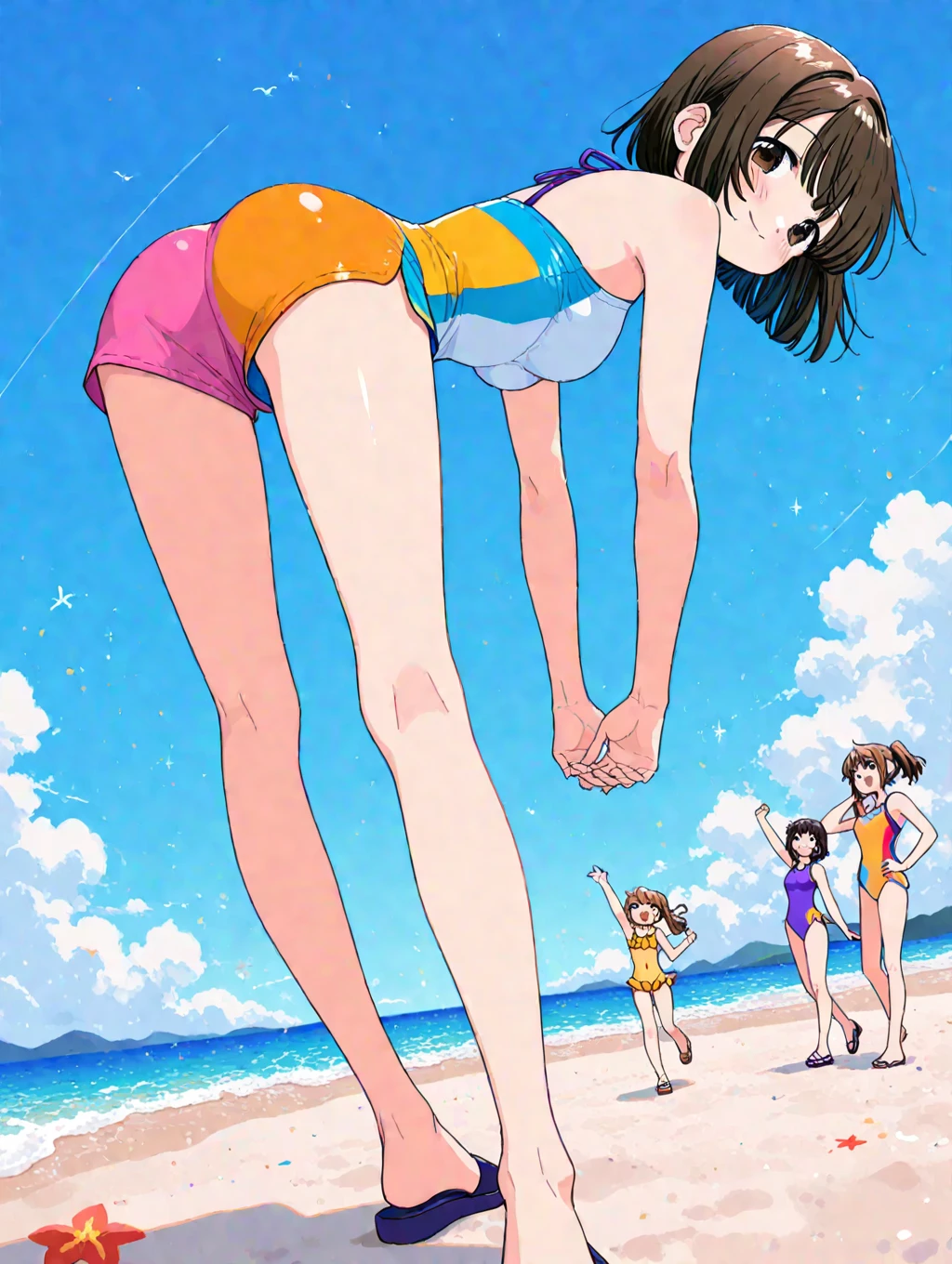 (((asakura minami:1.3))),((masterpiece)),((highest quality)),super detailed,(thin entire outline:1.2),enlightenment,,solo,1girl,POV,black hair,medium hair on shoulders,(black eyes:1.2),small nose,perfect body,beautiful body,beautiful character design,perfect eyes,perfect face,((smile,red cheeks:1.2)),(having fun:1.2),small open mouth,perspiration,wallpaper,ultra high resolution,8k,photo shoot,(beautiful large breast:1.2),beautiful legs,perfect feet,beautiful skin,fair skin,smooth skin,official style,official art,make a screen cap,outdoor,(summer beach),sunshine,bright lighting,white bikini,(((,protruding ,:1.2))),((wide ,relaxing on beach chair:1.3)),((((2men's hands))),