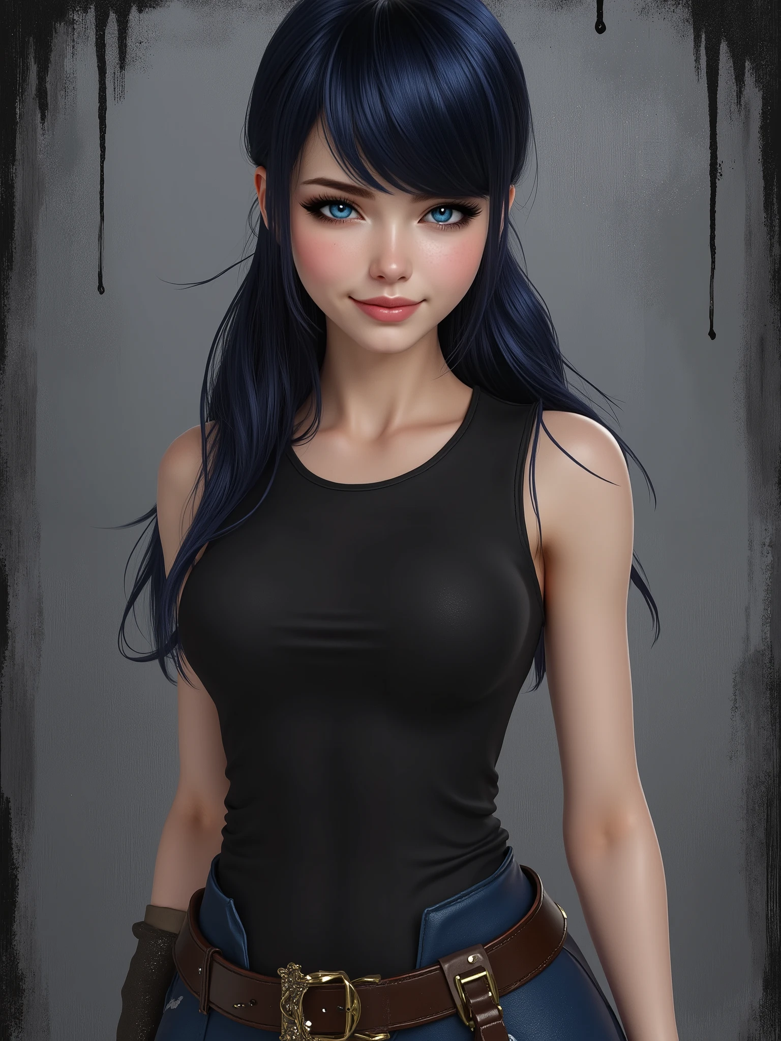 marinette Dopanchan, A very beautiful and cute 22 year old woman with a slight smile. (((Shy smile))), sharp focus on the face, (((Western eyes:1.5))), (((Extremely detailed ice-blue eyes, beautiful eyes, beautifully detailed eyes))), (((delicately detailed thin pink lips))), (((long hair, shiny hair))), (((black medieval steampunk style sleeveless t-shirt))), (((Dark Blue medieval steampunk style leather warrior pants))), (((full body view, dynamic pose, standing:1.5, graceful pose))), (((The background is Dark Gray and painted with expressive, visible textures using dynamic brushstrokes and strokes that add depth and movement. The paint covers only the area just behind the subject. The outer edges of the image with black margins, as if the background had been painted with a brush and with expressive and visible textures using dynamic brushstrokes and strokes fading toward the edges creating a modern and artistic vignette effect))). Cinematic lighting, soft depth of field, (((masterpiece/high resolution/Best Quality/top quality/high quality/UHD/16k quality))), sharp focus, no blur, film grain, bokeh.