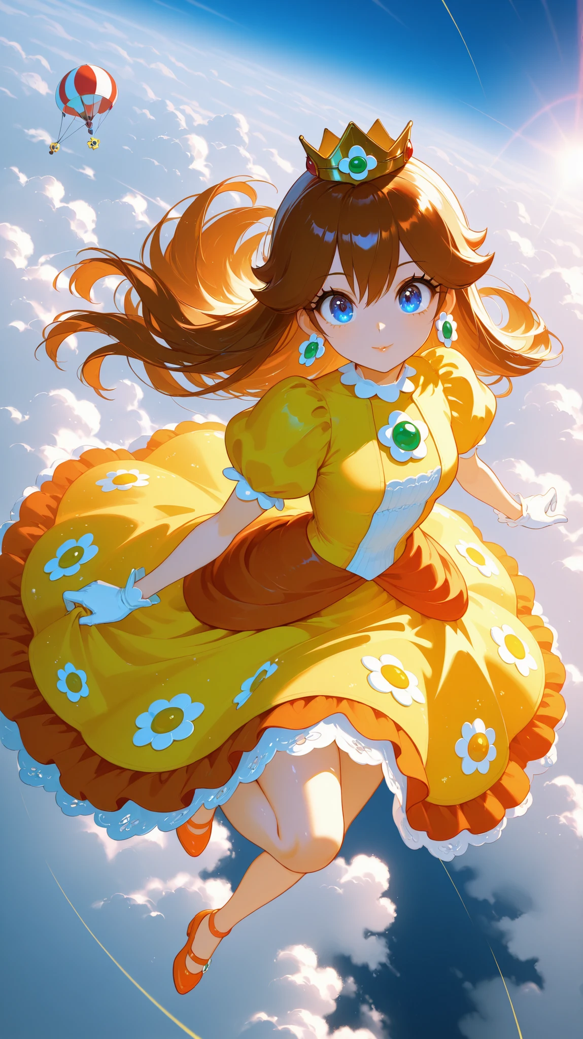 princess daisy (mario (series))) a beautiful woman descending from a clear sky with a magical parachute, the woman Who Flies Through the Sky, holding a parachute string in the other hand, radiant smile,cinematic lighting, atmosphere of freedom and exhilaration, 1girl, solo,unrivaled beauty, whole body, petite build,brown hair , flower earrings, dress,puffy sleeves, orange shoes, gold trim, large eyes, bright eyes, blue eyes, beauty, long hair, slim figure, crown, flowing hair, sky, very aesthetic,best quality,very aesthetic,best quality, hair between eyes, big eyes, deep skin, vivid eyes, heart beat, midair, above clouds, aerial view , lips, fit female, hair between eyes, straight hair, star (symbol), flower print, desaturated background, intense expression, ((Detailed :1.5)), pretty art, pretty eyes,Very detailed, masterpiece, skindentation, good-looking, lips, thigh and calf lines, dramatic angle, Dynamic Poses, clothing texture, detailed eyes, beautiful face, beautiful girl, beautiful body, beautiful hair, ((Detailed background :1.5)). (HD eyes:1.4), ((4k,8k,Ultra HD)), {perfect body},cute face, soft lips, 1900s (style),