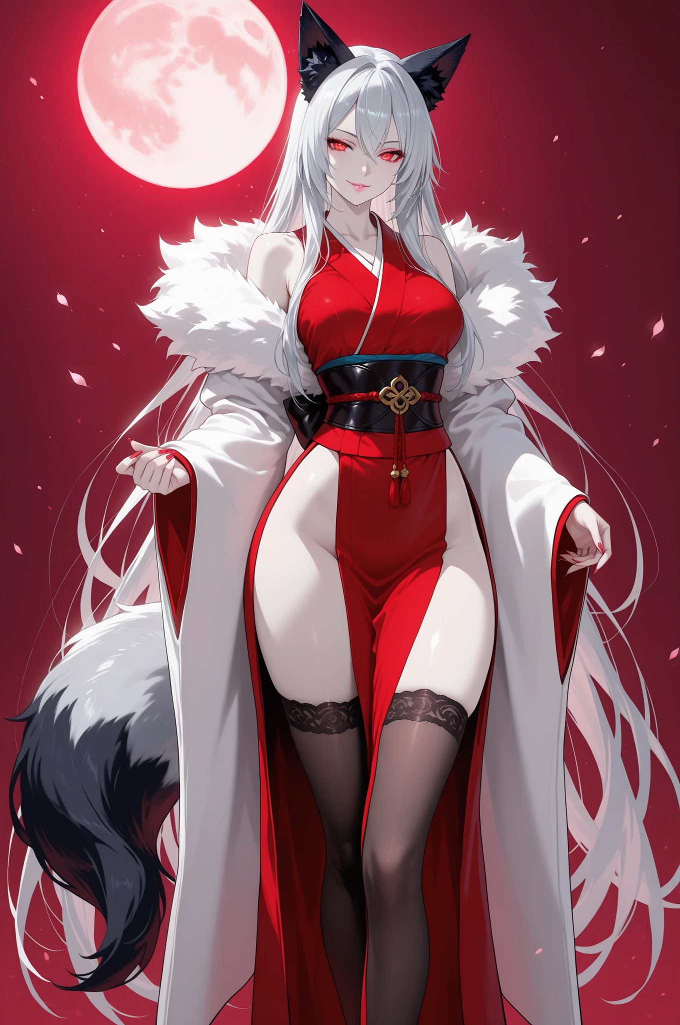 High resolution、highest quality、4K、gray hair、bangs bangs、blunt bangs、slanted eyes、Glowing yellow eyes、Big yellow bell hair ornament、pale skin、nine tailed fox、A girl with nine fox tails、Purple Oiran、oiran、White fox ears、sexy、older sister、big breasts、cleavage、、lure、cold smile、A pale fireball is floating、fox fire、Big Full Moon Night、full body
