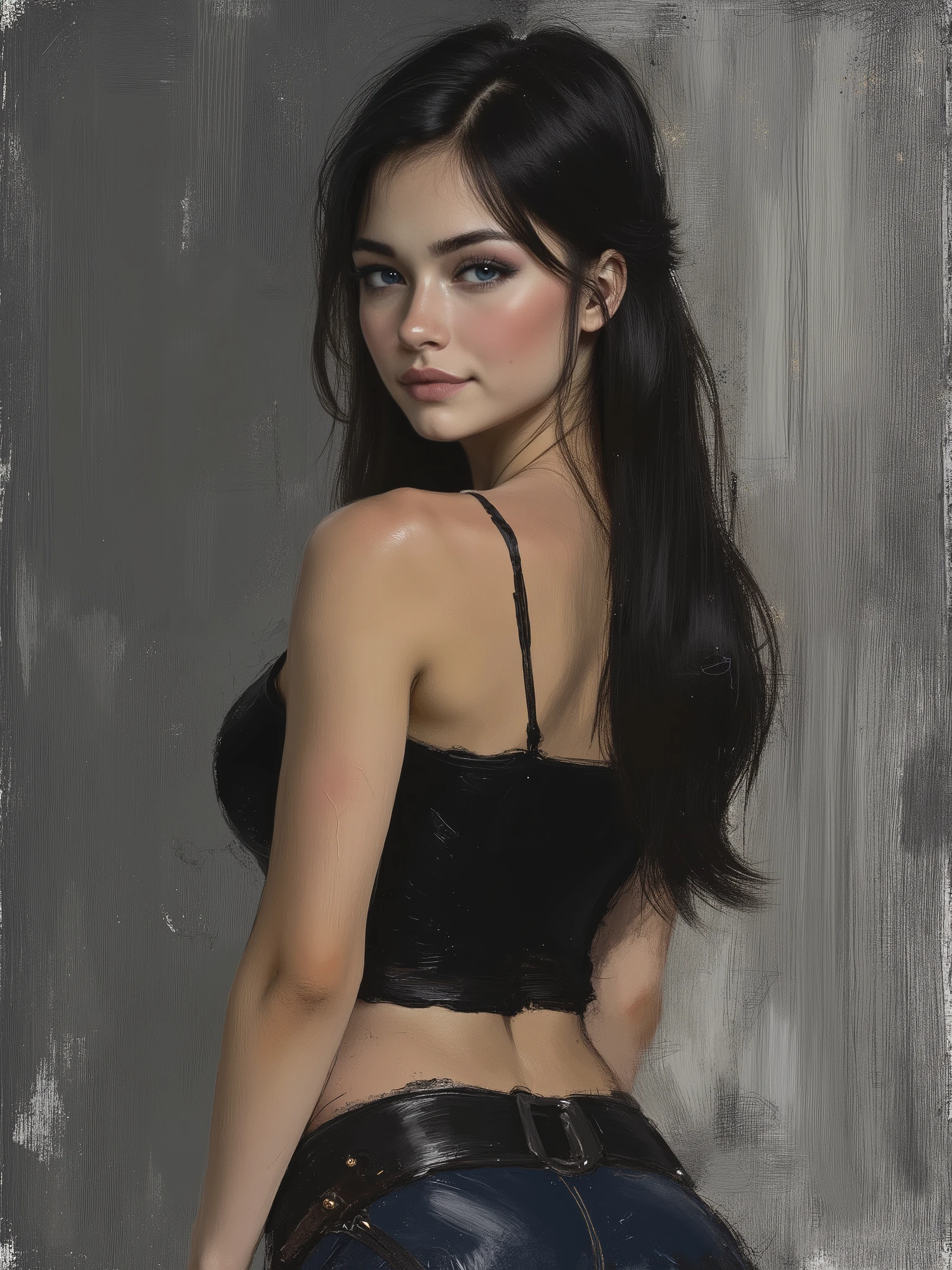 sketch painting, marinette Dopanchan, A very beautiful and cute 22 year old woman with a slight smile. (((Shy smile))), sharp focus on the face, (((Western eyes:1.5))), (((Extremely detailed ice-blue eyes, beautiful eyes, beautifully detailed eyes))), (((delicately detailed thin pink lips))), (((long hair, shiny hair))), (((black medieval steampunk style sleeveless t-shirt))), (((Dark Blue medieval steampunk style leather warrior pants))), (((full body view, dynamic pose, standing:1.5, graceful pose))), (((The background is Dark Gray and painted with expressive, visible textures using dynamic brushstrokes and strokes that add depth and movement. The paint covers only the area just behind the subject. The outer edges of the image with black margins, as if the background had been painted with a brush and with expressive and visible textures using dynamic brushstrokes and strokes fading toward the edges creating a modern and artistic vignette effect))). Cinematic lighting, soft depth of field, (((masterpiece/high resolution/Best Quality/top quality/high quality/UHD/16k quality))), sharp focus, no blur, film grain, bokeh.