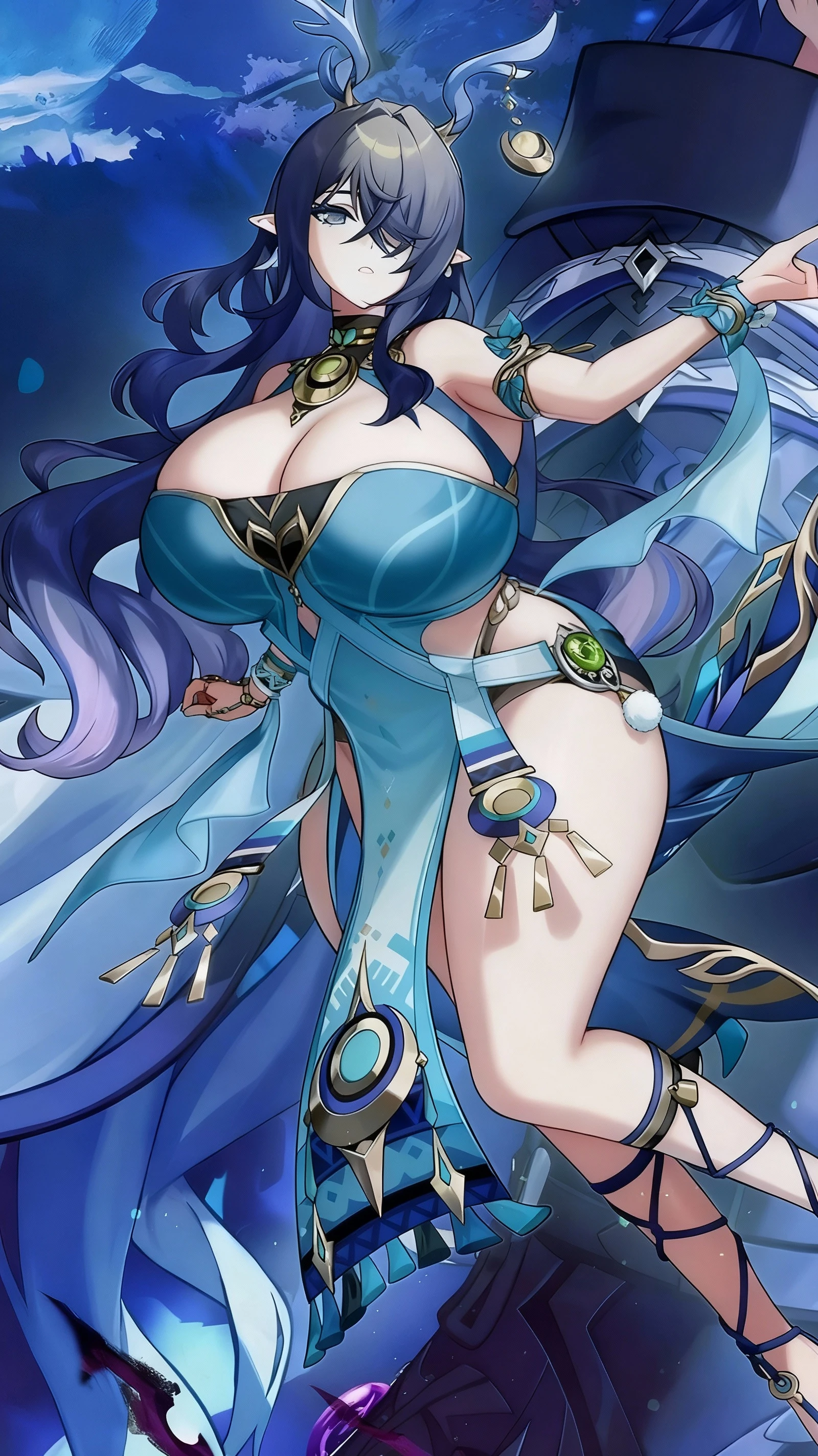 Masterpiece、need、1 woman、blue clothes、Traditional Thai dress, blue strapless、full body photo、ancient thai style、 White cloth buns, steamed buns、black hair、Leaky shoulder、The  is large.、Long, slender legs、smile、black stockings、ริมฝีปากpinkอ่อน、Embroidered clothing、high-heels，(big ),, slightly seductive expression, ,Show your ,The cracks are clear....,((big ))，(pubic bone), rift, visible ,seductive pose,I see bulging .,(((large :1.4,pink,The  are clearly visible.......)))