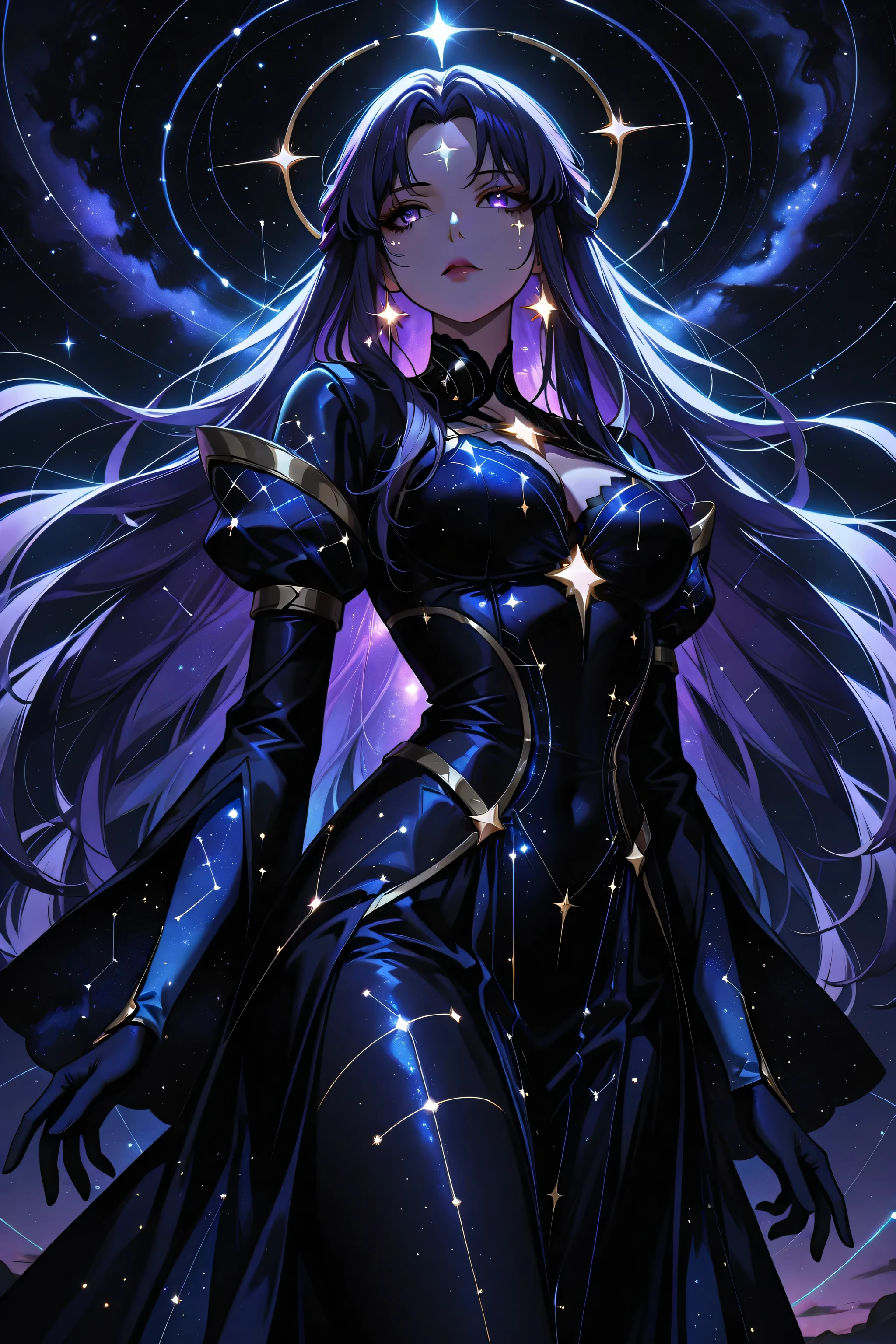 masterpiece, best quality, 1girl, celestial humanoid, starry body, cosmic dress, glowing stars embedded in skin, flowing ethereal dark purple hair no bangs, stellar patterns across face, universe backdrop, deep space, nebulae, astronomical features, cosmic light, sparkling elements, detailed stellar mapping, astronomical accuracy, cosmic energy flowing, ethereal atmosphere, night sky embodiment, celestial beauty, cosmic radiance, detailed star patterns, constellation lines connecting features, deep space environment