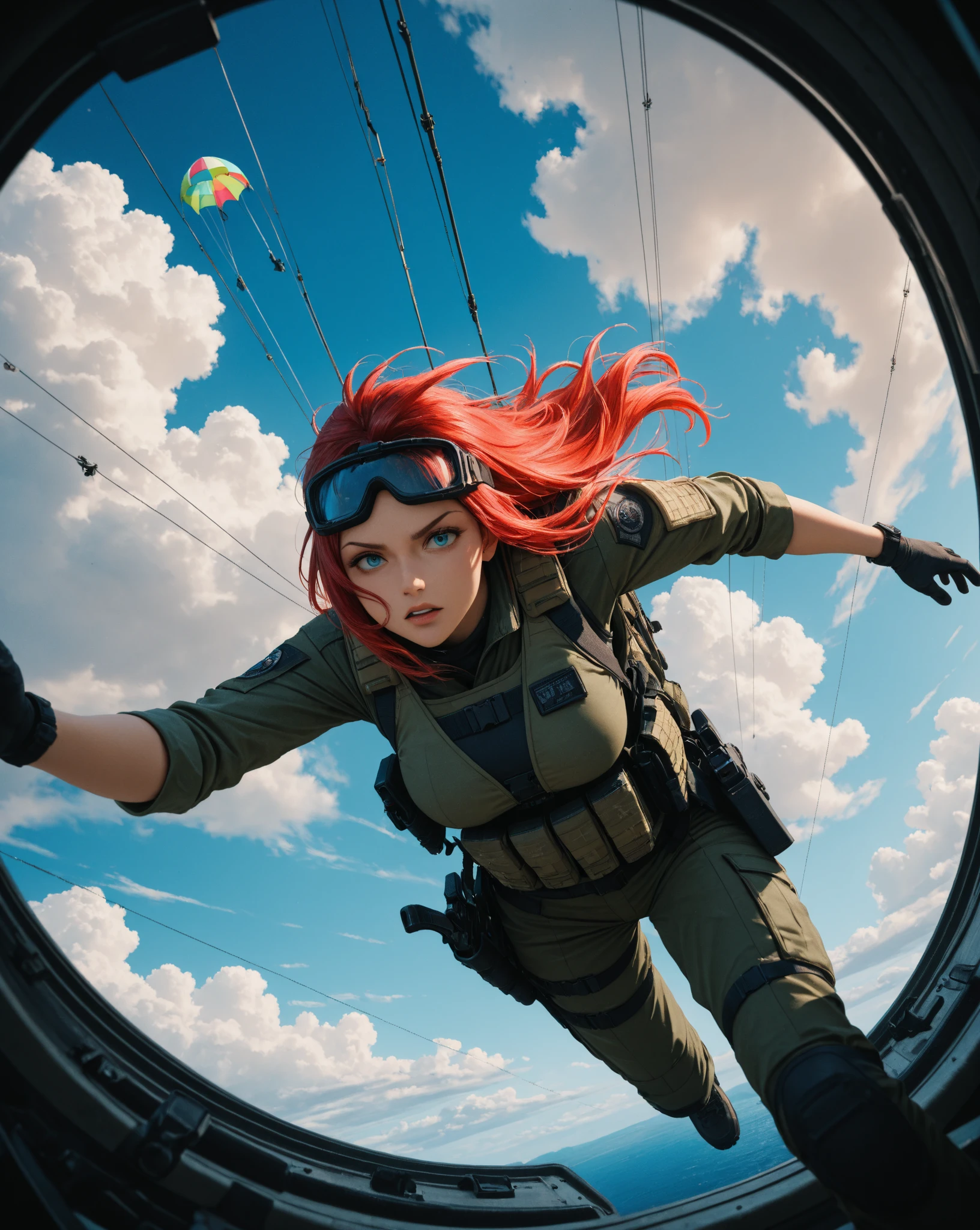 Photorealistic image of Triss Merigold skydiving.