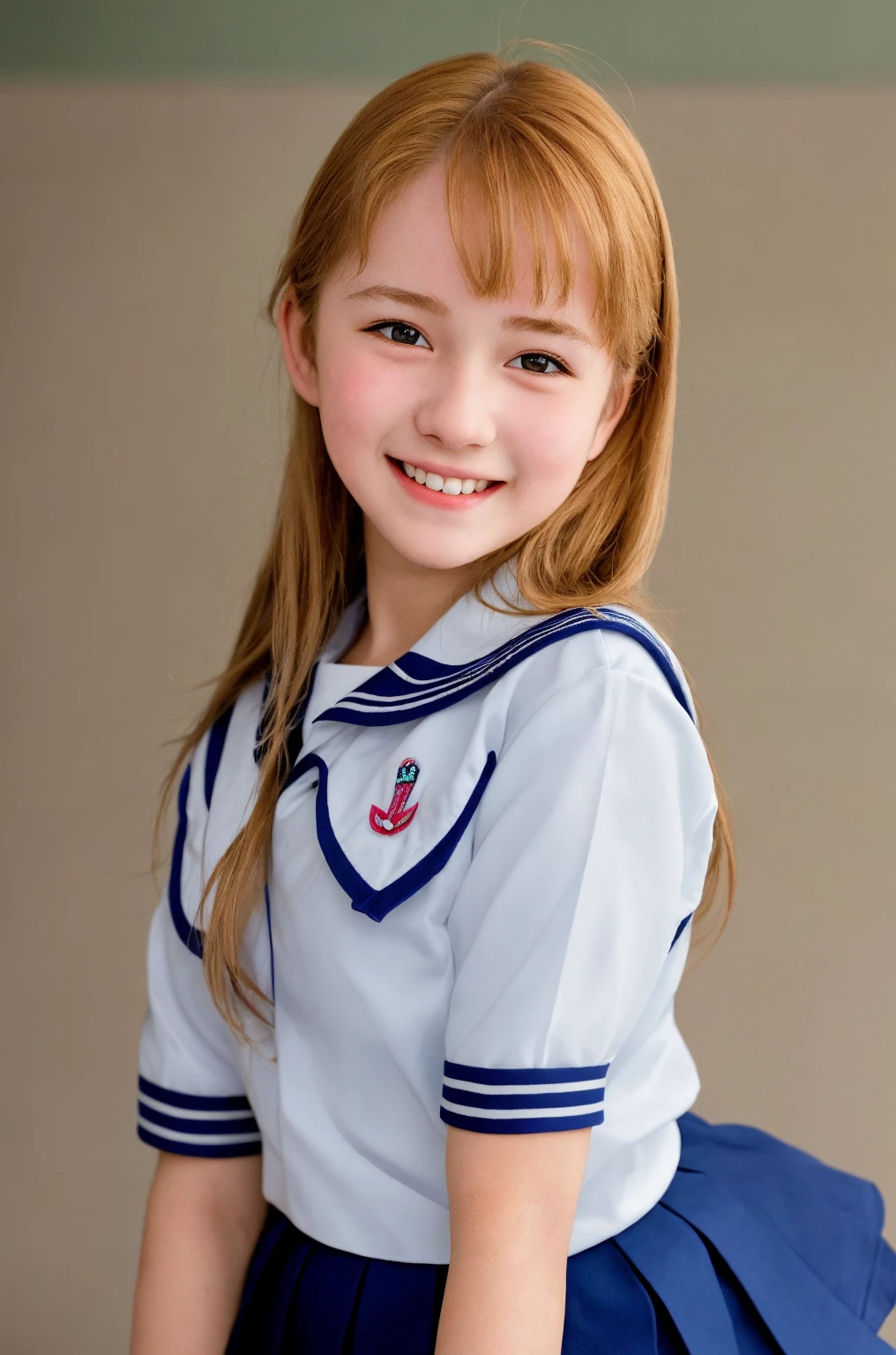 女の子 1 人、cute little、a smile、looking at viewert、a sailor suit、a picture、realisticlying、top-quality、A detailed face、‎Classroom、细致背景、diffuse lighting
