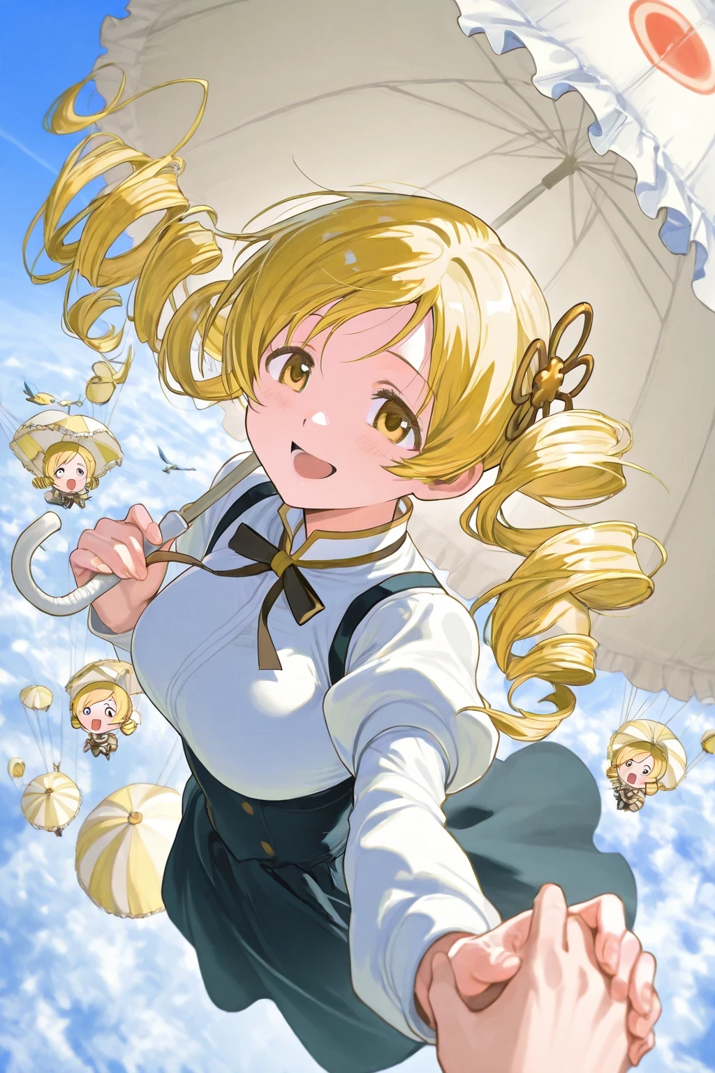 Bird’s Eye View, Tomoe Mami floating in high air,
one hand holding large dome-shaped elegant frilled umbrella used as a parachute,
the other hand touching her skirt,
strong wind blowing through her hair and skirt,
extremely excited expression, wide open eyes full of joy,
joyful shouting with open-mouthed joyful smile,