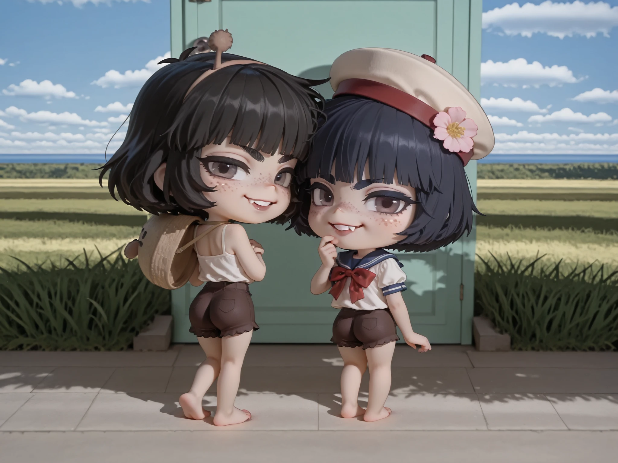 masterpiece, newest,absurdres, incredibly absurdres, 0_11Xx_B,(surreal:1.5), 1girl (freckles), ((natural color scheme unibrow, unibrow)), huge two gaped-bucktooth face), outdoors, solo, hat, sailor girl, white dress, black hair, scenery, short hair, flower, sky, day, bag, , grass, short sleeves, cloud, blue sky, shadow, horizon, standing, looking at viewer,photo \(medium\), photoshop \(medium\), photo background, split theme, realistic, cartoony style, cute little girl
(foot, , focus toes), (spiky-length red-headed), black fur, (wavy) short hair, mouth, ((loose-teeth)) , {(ball cleavage)} rear view, detailed FEMALE, tan skin texture , highly detailed real skin texture , (real skin texture: 1 . 0) , (Freckles , skin freckles , pores , skin blemishes: 0 . 4) freckles on , (shaved moustache, (bowl cut) cut forehead 1female_Green Door, BREAK Green Door shows her large crooked-tooth smile, in red-ribbon, navy-blue-blacken-seifuku(Alone, short stature:1.3),slim, hyper shaved upper lips, shaved lip hair, bad lips with hair Follicles, hairy follicles on chin, shaved chin hair, shaved face hair, pump lips, curved eyebrows, hair bugs, sideburns, brown eyes, on overhang cute cat-print-brief, shoulder, , (unibrow) eyebrows, (cute hat on head, cap on back, girl shorts), (chibi door, chibi female, chibi), simple blacken-sunset background