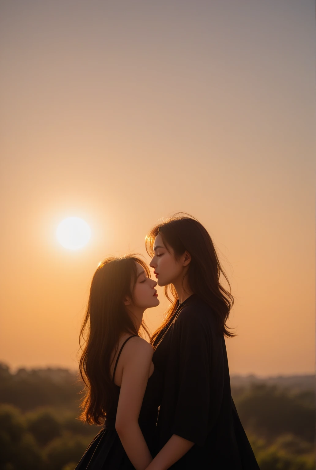 Two beautiful young Korean women in a sunny city, standing and kissing. HD 4K
