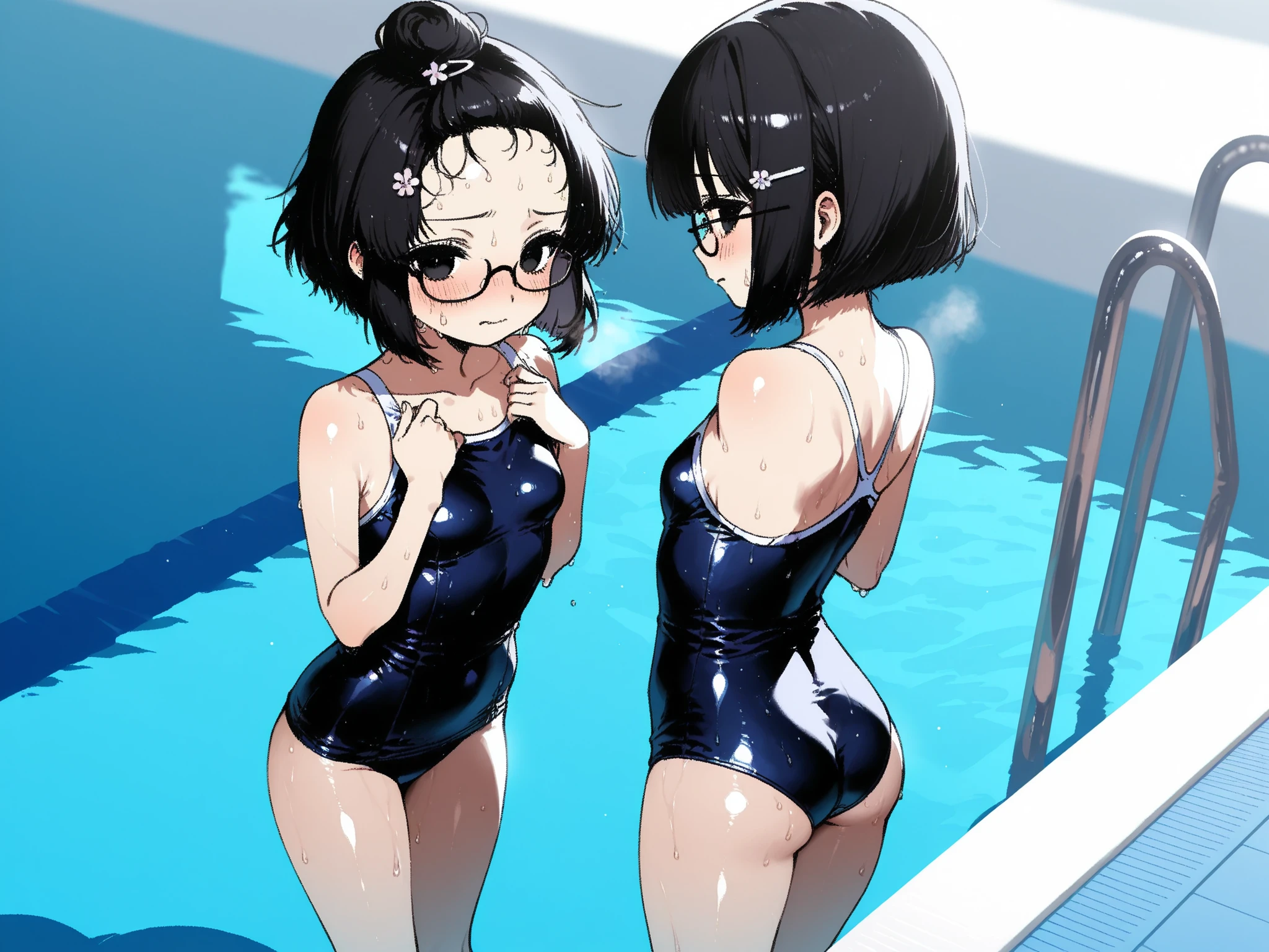 score_9 , score_8_up , score_7_up , score_6_up , score_5_up , score_4_up、girl、、black hair、 best quality、sweaty body、Small breasts、( show me my forehead )、hairpin、black hair、has small breasts、pretty embarrassed face、Viewers' Perspective、Poolside、School Swimsuit((Shiny material))、short bob with unskilled glasses、standing、 looking from behind
