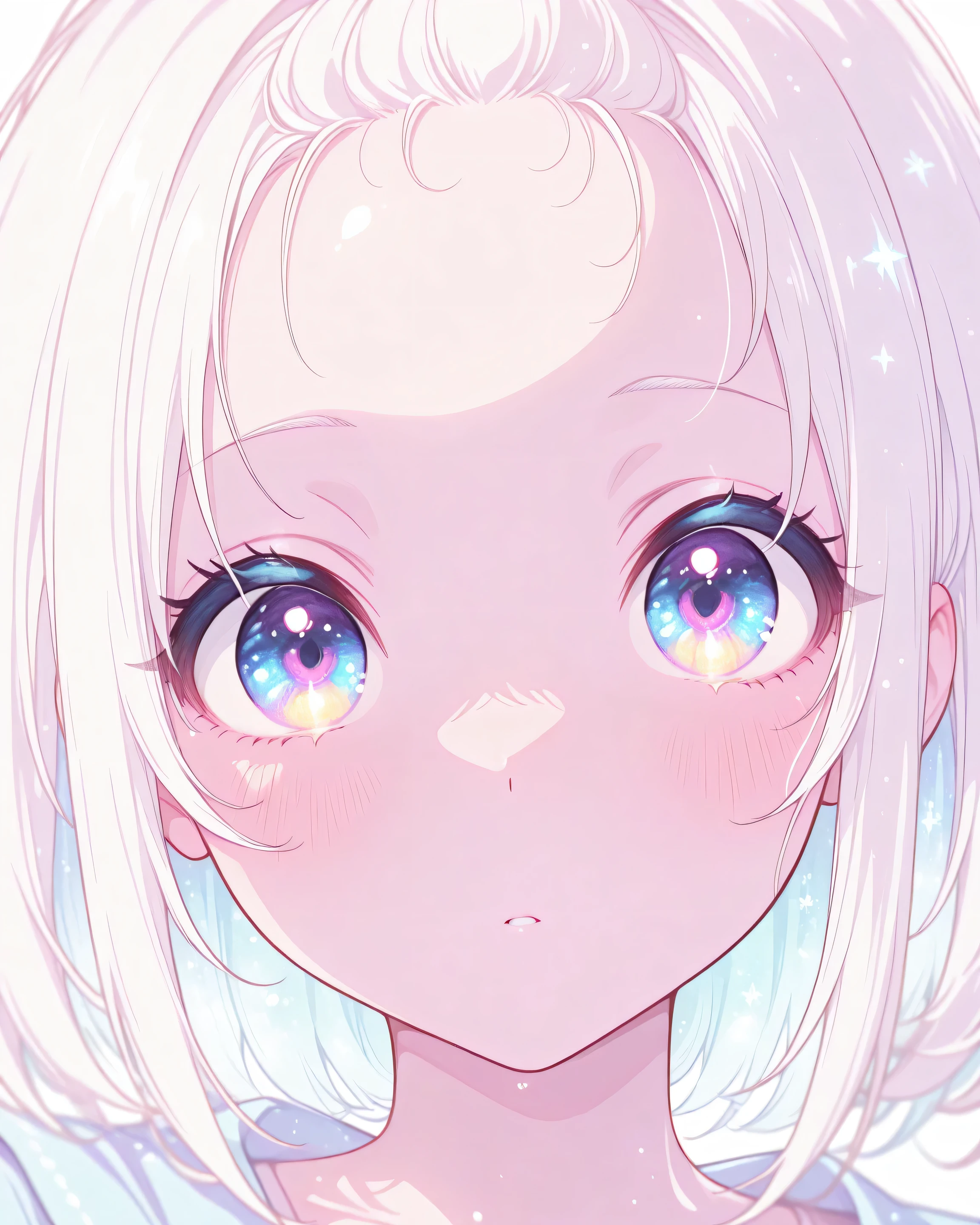 best detail、Greatest Masterpiece, Highest Quality, Perfect Eyes, Newest, high definition, absurd, details, staring at the viewer, 1girl, solo, Milky white hair, close up beside the viewer, depth of field,(forehead),(pastel colors)、(ピンクpastel colorsパレット)