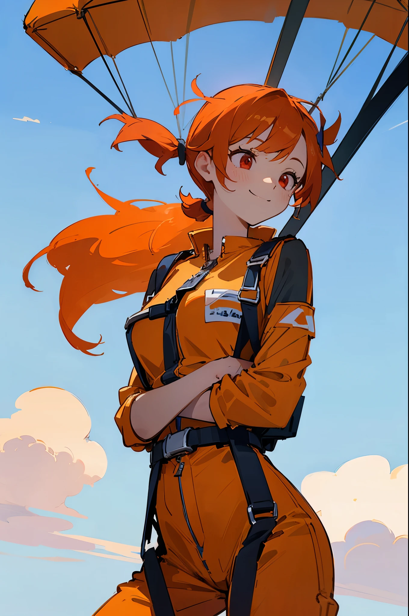 1cute woman、sky, clouds, harness, suspended, cowboy shot、Skydiving, parachute:1.3, Wearing a parachute harness、orange jumpsuit、orange hair、Side Ponytail、Red Eyes、Smile、a lot of french fries、Blue sky and sun background、