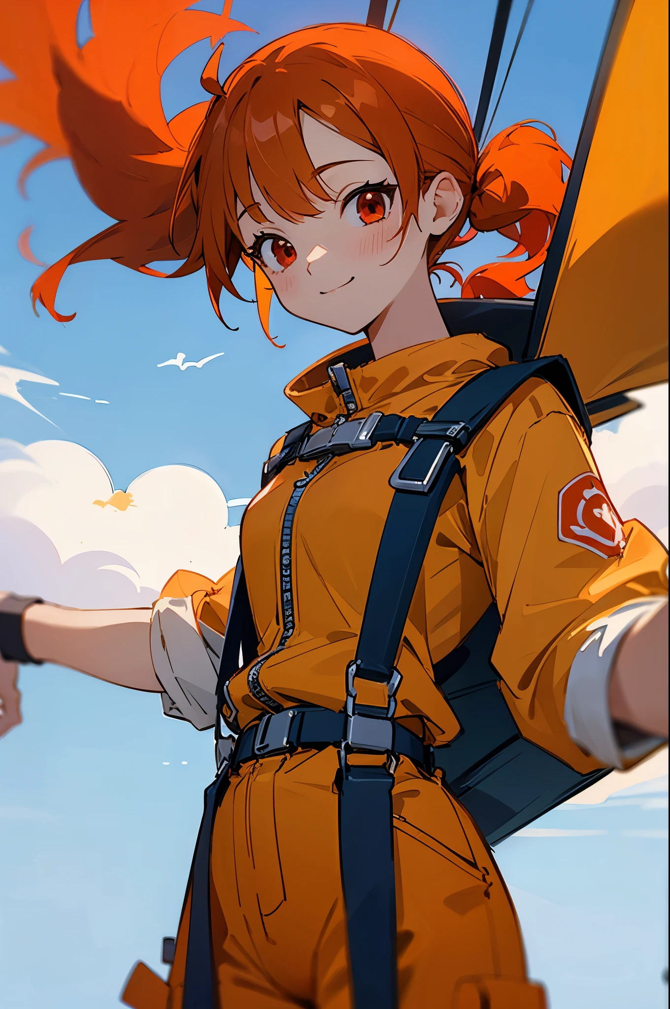 1cute woman、sky, clouds, harness, suspended, cowboy shot、Skydiving,  parachute:1.3, Wearing a parachute harness、orange jumpsuit、orange hair、Side Ponytail、Red Eyes、Smile、Blue sky and sun background、