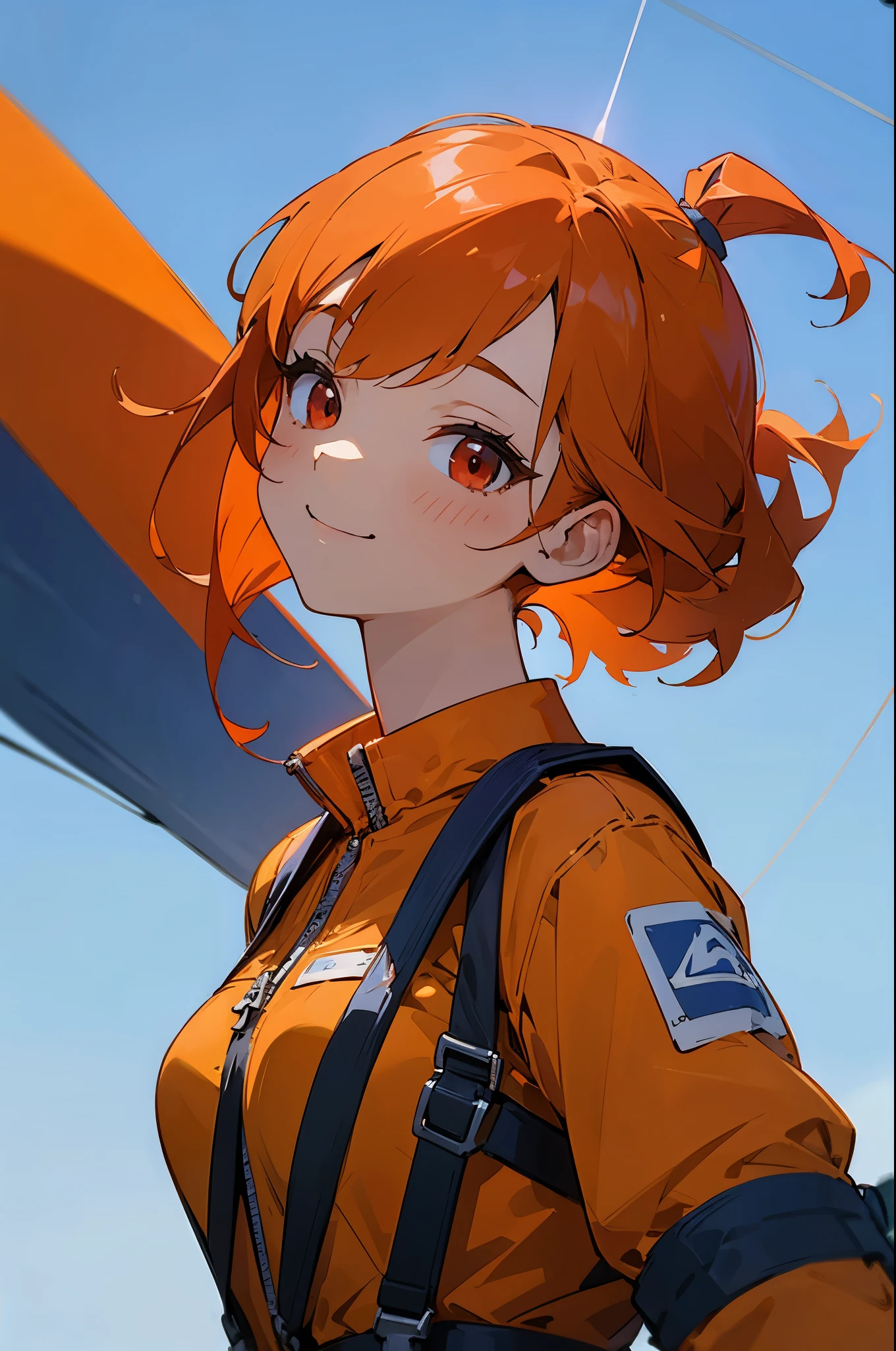 1cute woman、Skydiving, parachute:1.3, Wearing a parachute harness、orange jumpsuit、orange hair、Side Ponytail、Red Eyes、Smile、From the side、upper body closeup、Blue sky and sun background、