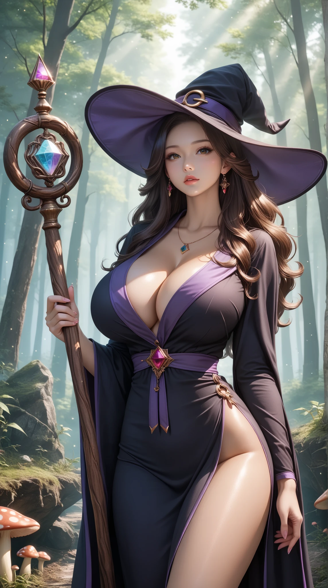 （back focus），on  back、Surrealist portraits of women by David Hockney and Alphonse Mucha，((ultra gigantic ????))、((Upper body ?????))、( Exposed)、((Night city))、The fountain、(the witch)、((A smile))、((Engaging pose))、Fantasyart、((long purple hair))、((Purple and gold witch dress shows off style))、((Delicate purple and gold embroidered witch dress costume with a lot of exposure))、((???? purple and golden witch、Purple and Gold Witch Costume))、Beautifully embroidered ???? purple and gold witch costume，Decorated with fine embroidered purple and gold witch clothes and fine jewelry，photographrealistic，动态照明，art  stations，poster for，Volumetriclighting，extra detailed face，4 k''，((Colossal ????))、With diamonds，???? thighs，exposing the abdomen ,????? 1 Girl, In the Dark, deepshadow, low tune, Cowboy Shot,(official clothing:1.4), The eyes are confused and seductive，legs separated