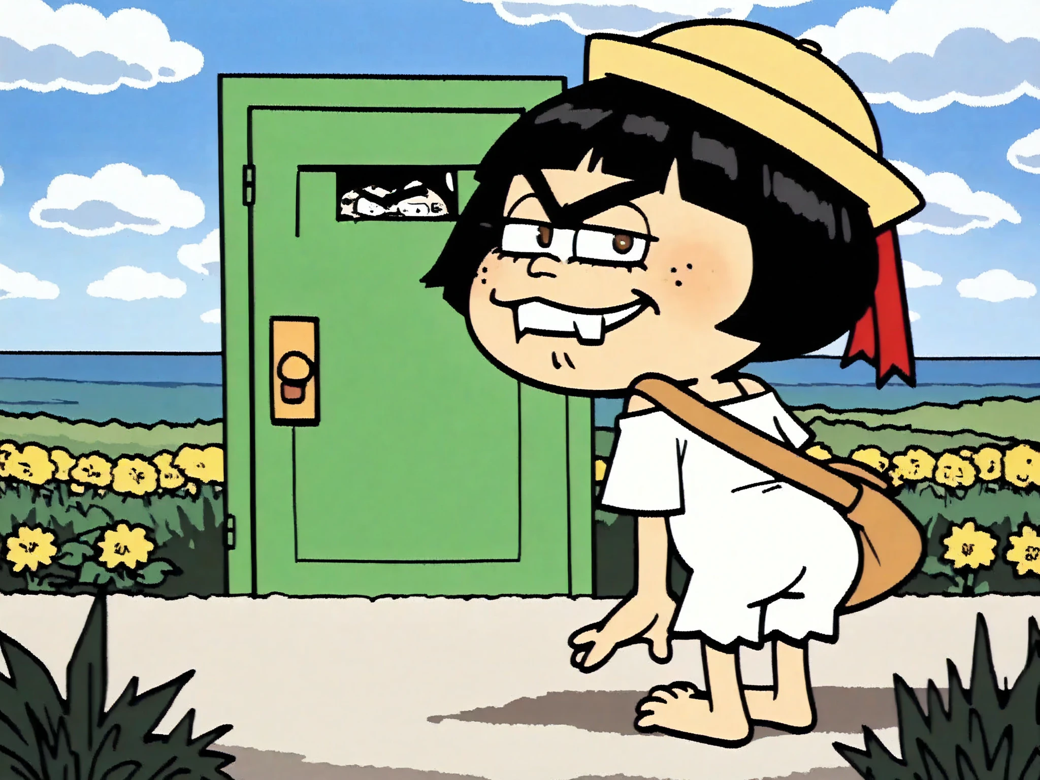 masterpiece, newest,absurdres, incredibly absurdres, 0_11Xx_B,(surreal:1.5), 1girl (freckles), ((natural color scheme unibrow, unibrow)), huge two gaped-bucktooth face), outdoors, solo, hat, sailor girl, white dress, black hair, scenery, short hair, flower, sky, day, bag, from behind, grass, short sleeves, cloud, blue sky, shadow, horizon, standing, looking at viewer,photo \(medium\), photoshop \(medium\), photo background, split theme, realistic, cartoony style, cute little girl

(foot, hips, focus toes), (spiky-length red-headed), black fur, (wavy) short hair, mouth, ((loose-teeth)) , {(ball cleavage)} rear view, detailed FEMALE, tan skin texture , highly detailed real skin texture , (real skin texture: 1 . 0) , (Freckles , skin freckles , pores , skin blemishes: 0 . 4) freckles on breasts, (shaved moustache, (bowl cut) cut forehead 1female_Green Door, BREAK Green Door shows her large crooked-tooth smile, in red-ribbon, navy-blue-blacken-seifuku(Alone, short stature:1.3),slim, hyper shaved upper lips, shaved lip hair, bad lips with hair Follicles, hairy follicles on chin, shaved chin hair, shaved face hair, pump lips, curved eyebrows, hair bugs, sideburns, brown eyes, on overhang cute cat-print-brief, bare shoulder, , (unibrow) eyebrows, (cute hat on head, cap on back, girl shorts), (chibi door, chibi female, chibi), simple blacken-sunset background