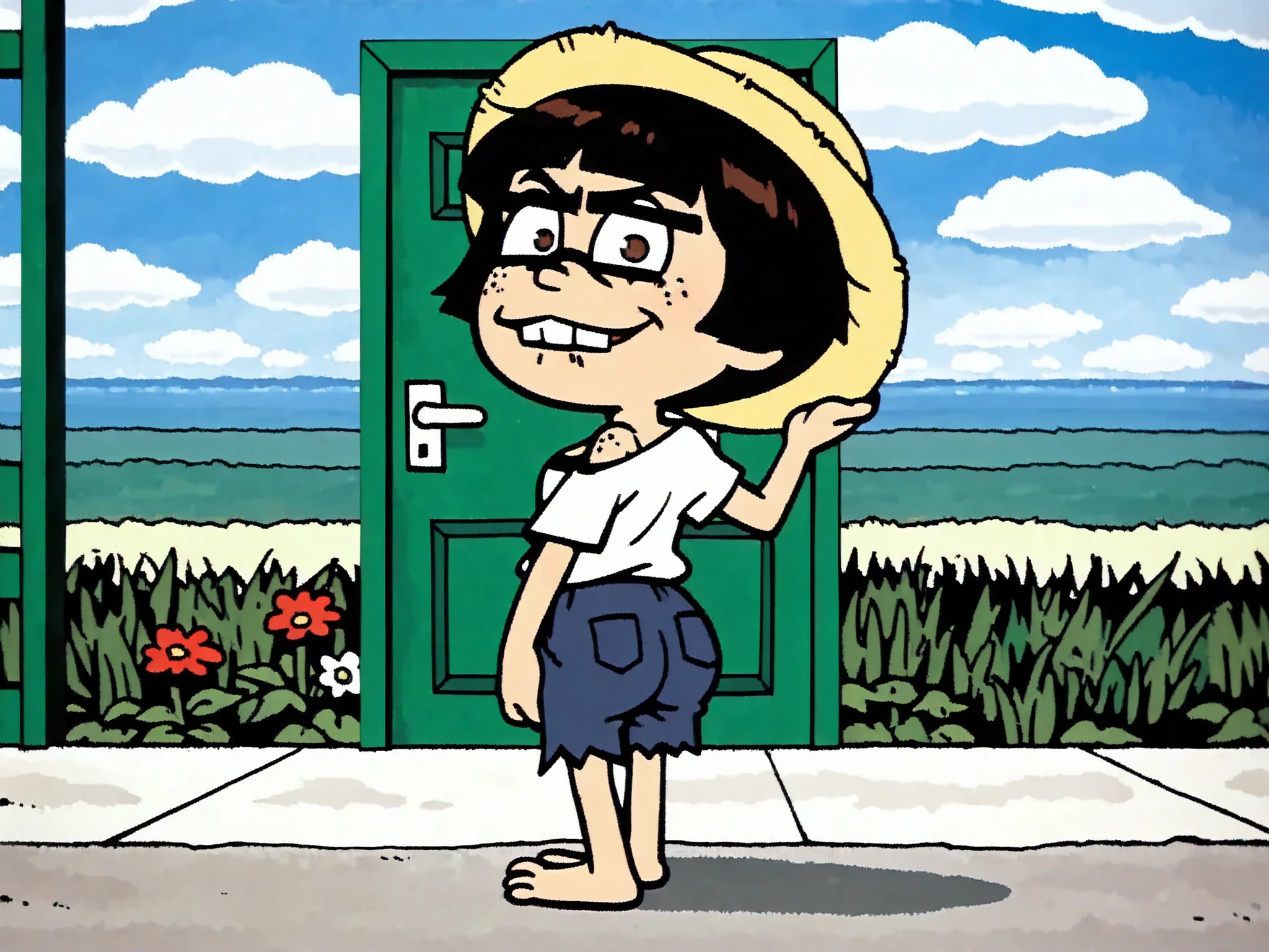 masterpiece, newest,absurdres, incredibly absurdres, (surreal:1.5), 1girl (freckles), ((natural Fluorescent unibrow, unibrow)), huge two gaped-bucktooth face), outdoors, solo, hat, sailor girl, white dress, black hair, scenery, short hair, flower, sky, day, bag, from behind, grass, short sleeves, cloud, blue sky, shadow, horizon, standing, looking at viewer,photo \(medium\), photoshop \(medium\), photo background, split theme, realistic, cartoony style, cute little girl,(foot, hips, focus toes), (spiky-length red-headed), black fur, (wavy) short hair, mouth, ((loose-teeth)) , {(black bra, bra cleavage, deep cleavage, bouncing breast, jiggy breast)} rear view, detailed FEMALE, tan skin texture , highly detailed real skin texture , (real skin texture: 1 . 0) , (Freckles , skin freckles , pores , skin blemishes: 0 . 4) freckles on breasts, (shaved moustache, (bowl cut) cut forehead 1female_Green Door, BREAK Green Door shows her large crooked-tooth smile, in red-ribbon, navy-blue-blacken-seifuku(Alone, short stature:1.3),slim, hyper shaved upper lips, shaved lip hair, bad lips with hair Follicles, hairy follicles on chin, shaved chin hair, shaved face hair, pump lips, curved eyebrows, hair bugs, sideburns, brown eyes, on overhang cute cat-print-brief, bare shoulder, , (unibrow) eyebrows, (cute hat on head, cap on back, girl shorts), (chibi door, chibi female, chibi), blacken-sunset background