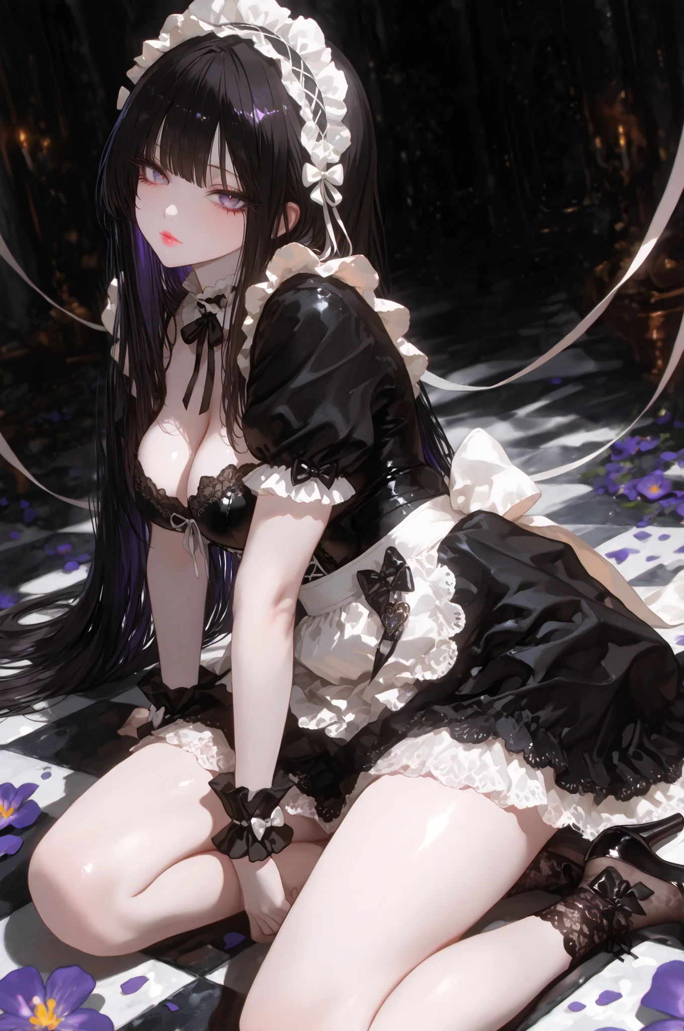 ((Biologically correct limb count)),(( From head to toe,Full-body photo including face)),4K,((Standing position)),masterpiece,((Focus on the face)),((Symmetrical facial features)),Eyes with detailed description,Beautiful woman,Great style,Beautiful arms,Beautiful legs,Beautiful Hands,(Small Ass,Thin thighs),Facial detailing,Small earrings,necklace,(Tricolor patent leather blazer,Checked mini skirt((Black high heels,Black patterned stockings))),Realistic photo,Lying on the linoleum floor,Low angle photo,A little panchira,