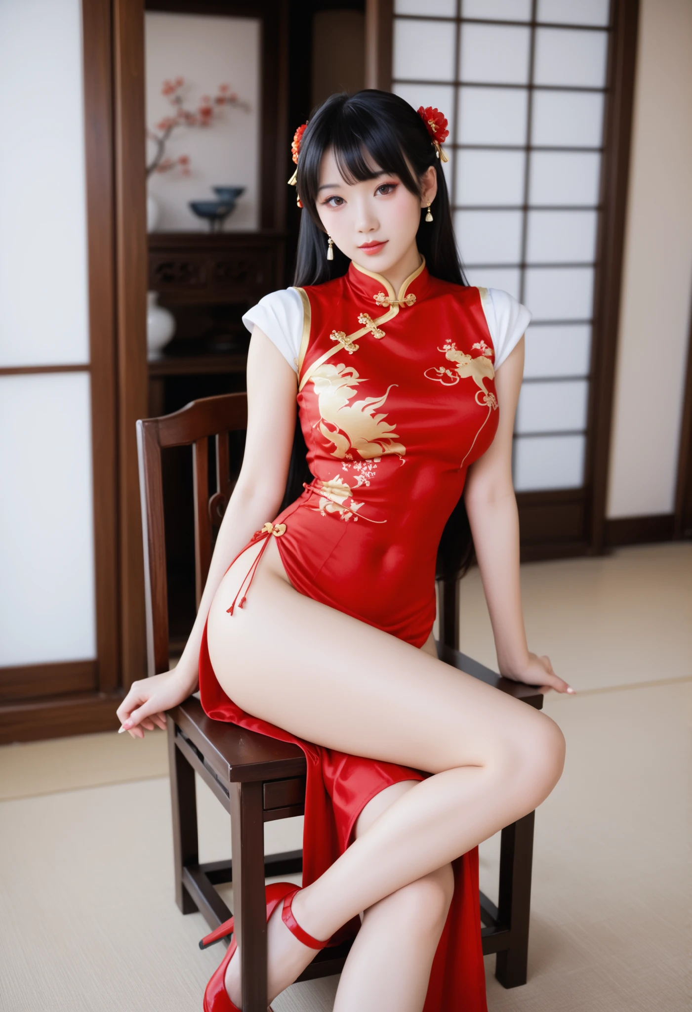 Asian woman in a red dress from Alafif sitting on a chair, wearing a red CHUNGSAM , Japanese Goddess, Beautiful Chinese Model, CHUNGSAM , Chinese style, Traditional Chinese, Shimizu Yuko , China dress, and Ancient Chinese Clothes, Chinese costumes, traditional beauty, beautiful Asian girls, Japanese model, Asian girls, Refined Gravure Idol, Shashi