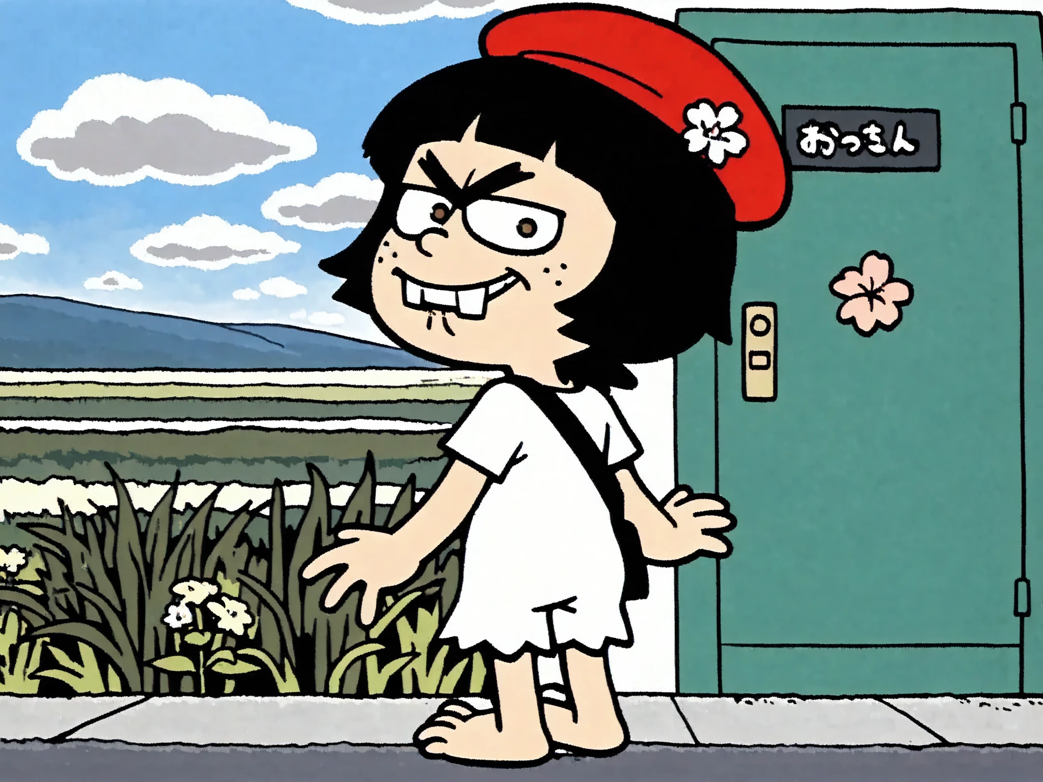 masterpiece, newest,absurdres, incredibly absurdres, (surreal:1.5), 1girl (freckles), ((natural Fluorescent unibrow, unibrow)), huge two gaped-bucktooth face), outdoors, solo, hat, sailor girl, white dress, black hair, scenery, short hair, flower, sky, day, bag, from behind, grass, short sleeves, cloud, blue sky, shadow, horizon, standing, looking at viewer,photo \(medium\), photoshop \(medium\), photo background, split theme, realistic, cartoony style, cute little girl,(foot, hips, focus toes), (spiky-length red-headed), black fur, (wavy) short hair, mouth, ((loose-teeth)) , {(black bra, bra cleavage, deep cleavage, bouncing breast, jiggy breast)} rear view, detailed FEMALE, tan skin texture , highly detailed real skin texture , (real skin texture: 1 . 0) , (Freckles , skin freckles , pores , skin blemishes: 0 . 4) freckles on breasts, (shaved moustache, (bowl cut) cut forehead 1female_Green Door, BREAK Green Door shows her large crooked-tooth smile, in red-ribbon, navy-blue-blacken-seifuku(Alone, short stature:1.3),slim, hyper shaved upper lips, shaved lip hair, bad lips with hair Follicles, hairy follicles on chin, shaved chin hair, shaved face hair, pump lips, curved eyebrows, hair bugs, sideburns, brown eyes, on overhang cute cat-print-brief, bare shoulder, , (unibrow) eyebrows, (cute hat on head, cap on back, girl shorts), (chibi door, chibi female, chibi), blacken-sunset background